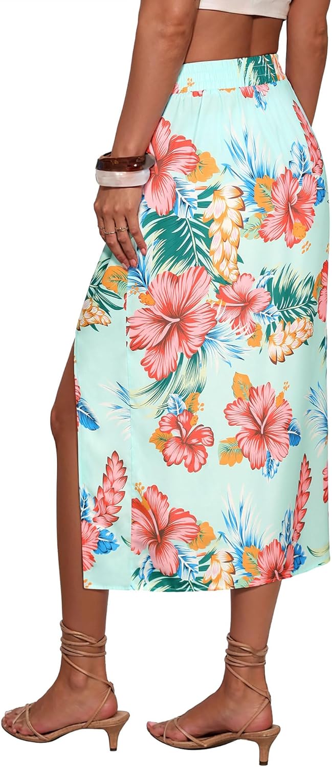 Ezcosplay Women Hawaiian Midi Skirt with Slit Tropical Floral Long Skirt Self Bow Tie Vacation Beach Split Skirts - Image 5