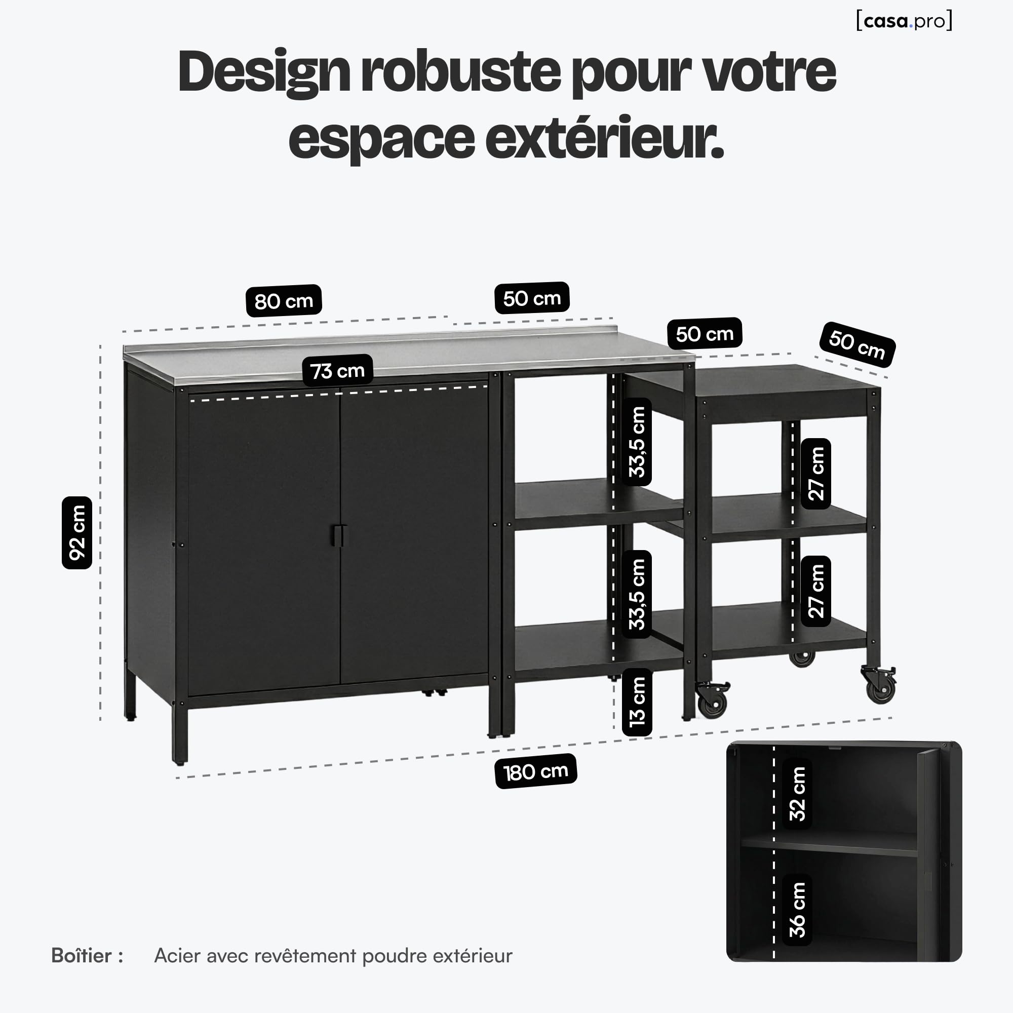 Ensemble de 3 Meubles Outdoor Bolognano Armoire d'Extérieur Chariot Barbecue Acier Noir Mat