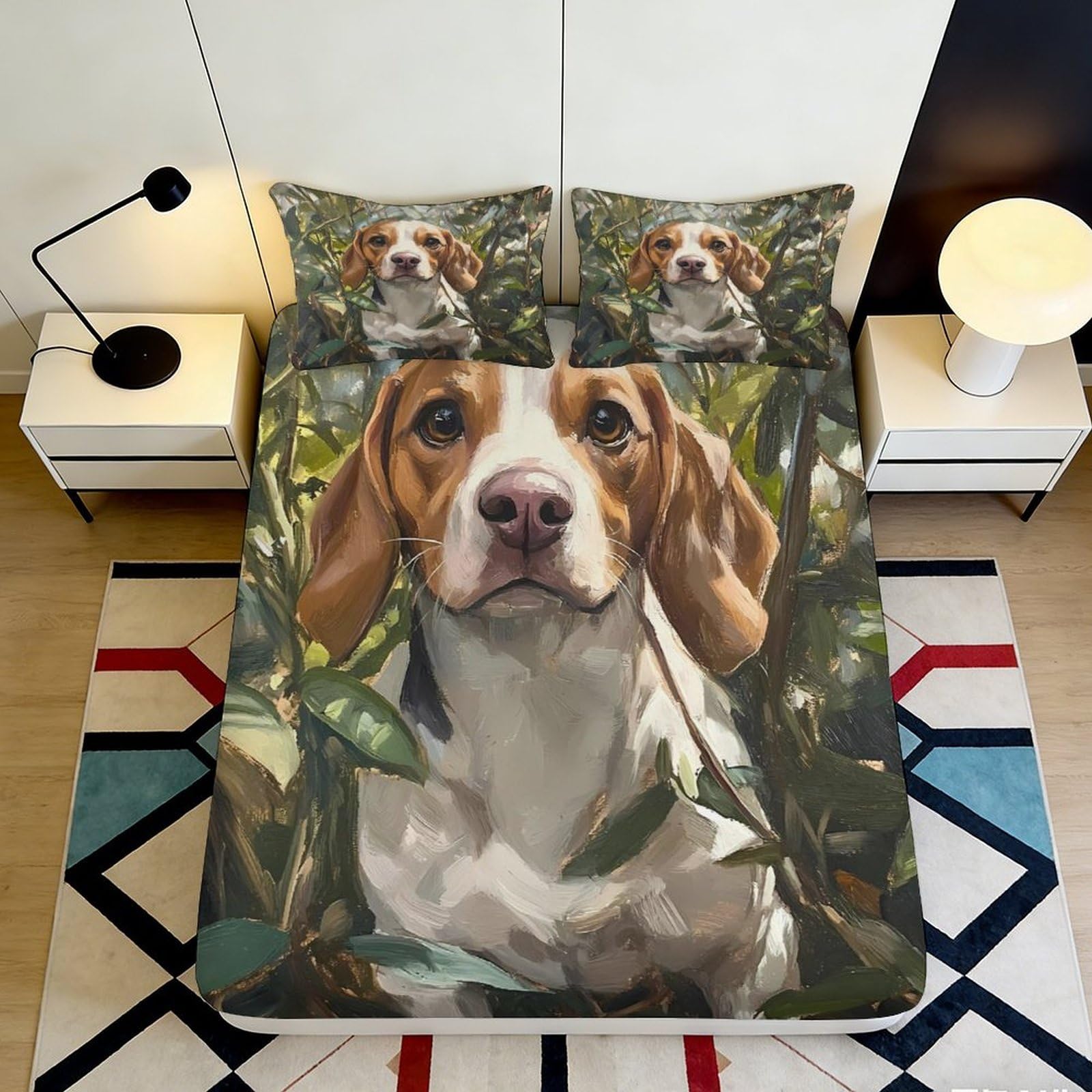 Pnayamiorkfel Style-2 3D Printed Beagle Dog Art Fitted Sheet Microfiber Soft Breathable Forest Leaves Bed Cover For Bedroom Guestroom Decor 90X200x25cm
