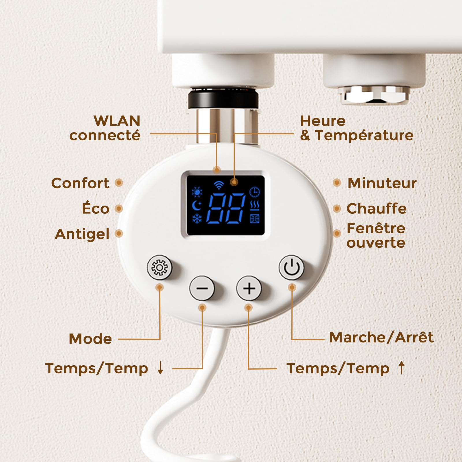 S'AFIELINA Élément chauffant pour radiateur 600W WiFi thermostat Blanc | Résistance sèche-serviette en inox avec thermostat, écran LCD et programmation hebdomadaire pour radiateur salle de bain