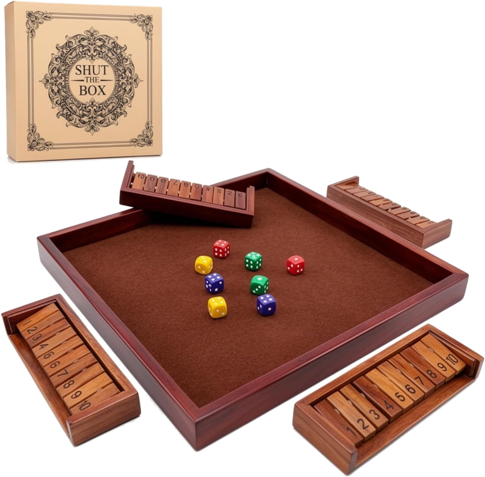 MoodLife Modular Shut The Box Game (Expandable to 8+ Player) - Large 11.8" Wooden Board with 4 Detachable Trays | Math Dice Game for Family Party, Classroom - Classic Tabletop Gift for Kids & Adults