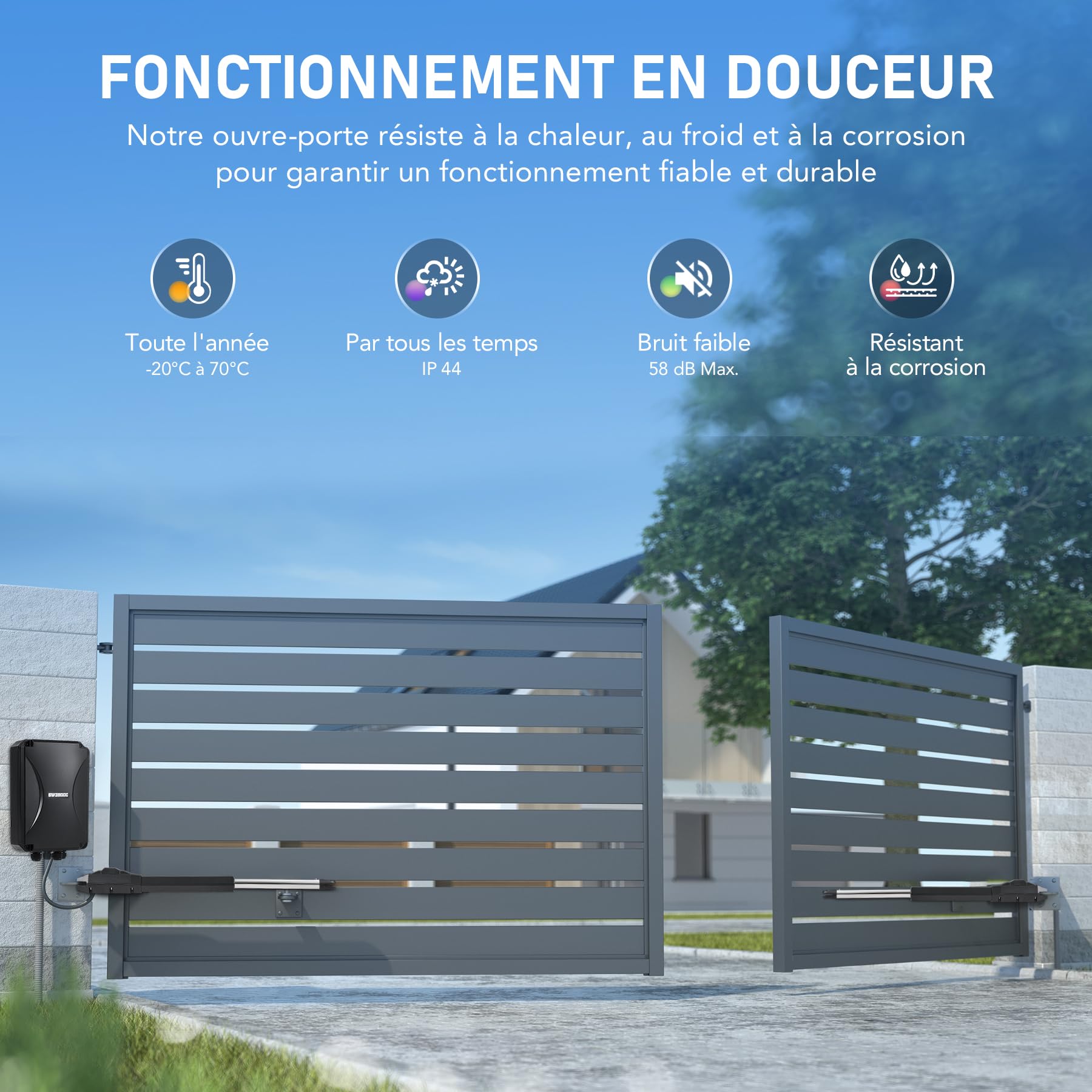 CO-Z Motorisation Portail Battant 220V/24V Double Bras pour 2 Vantaux Jusqu'à 400KG 6M avec 2 Télécommandes Moteur DC Automatisme à Vérins Télescopique Alimentation Solaire ou Batteries