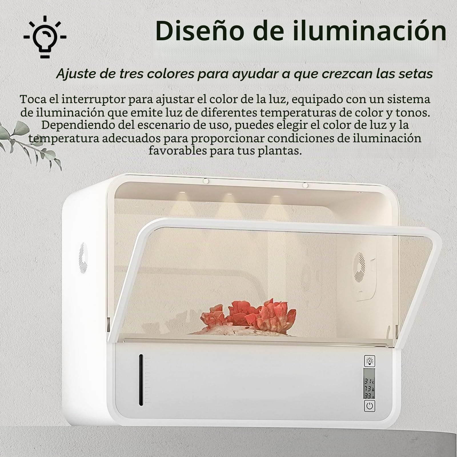 Set de Cultivo de Setas, Caja de Cultivo de Hongos con Pantalla de Temperatura y Humedad, Caja Inteligente Tienda de Cultivo de Hongos para Interiores con Luz de Crecimiento