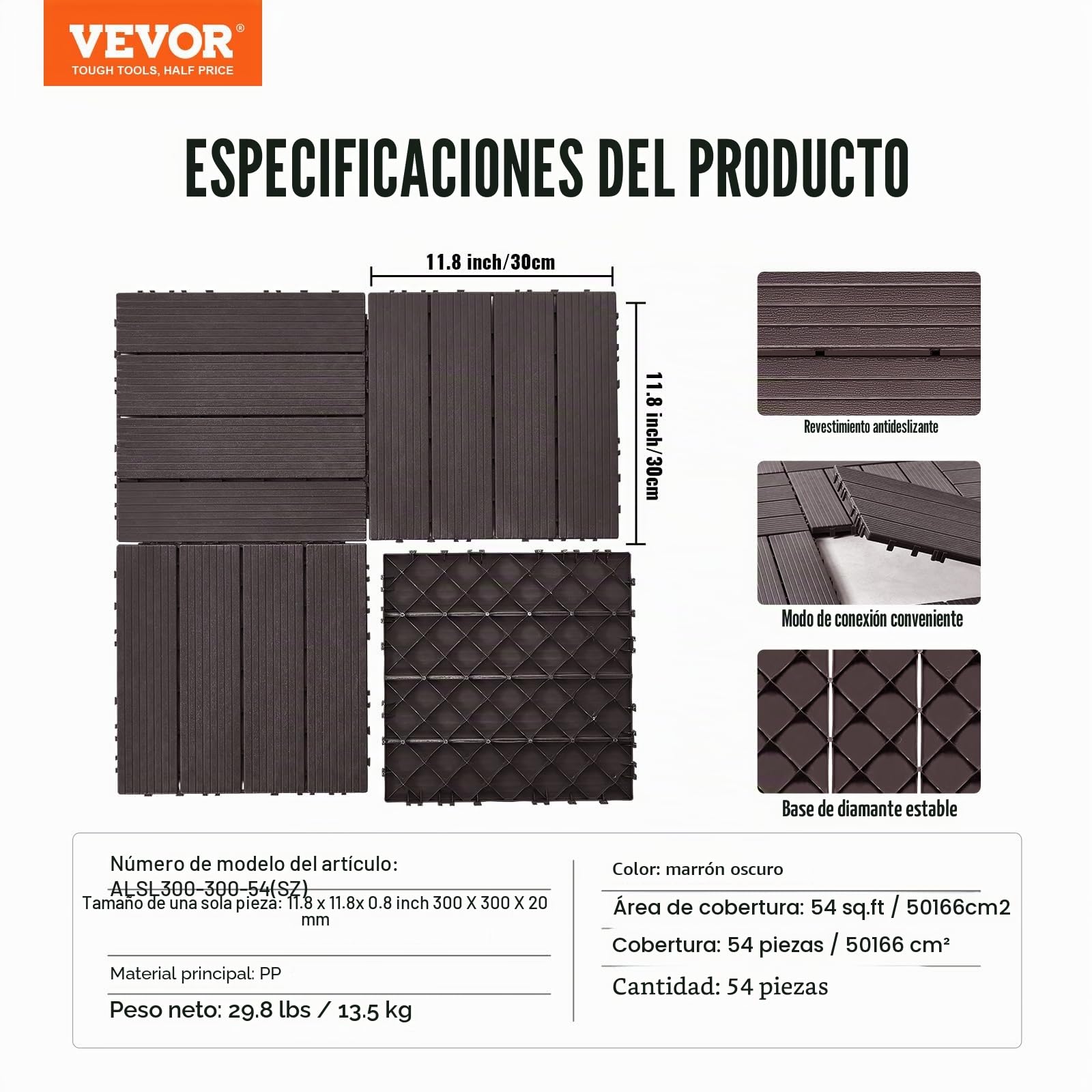 VEVOR Azulejos Entrelazados para Terraza, de Plástico, Resistentes al Agua, para Uso en Todo Tipo de Climas, para Terrazas, Porches, Piscinas, Balcones, Patios, Marrón Oscuro, 300 x 300 x 20 mm 54 uds