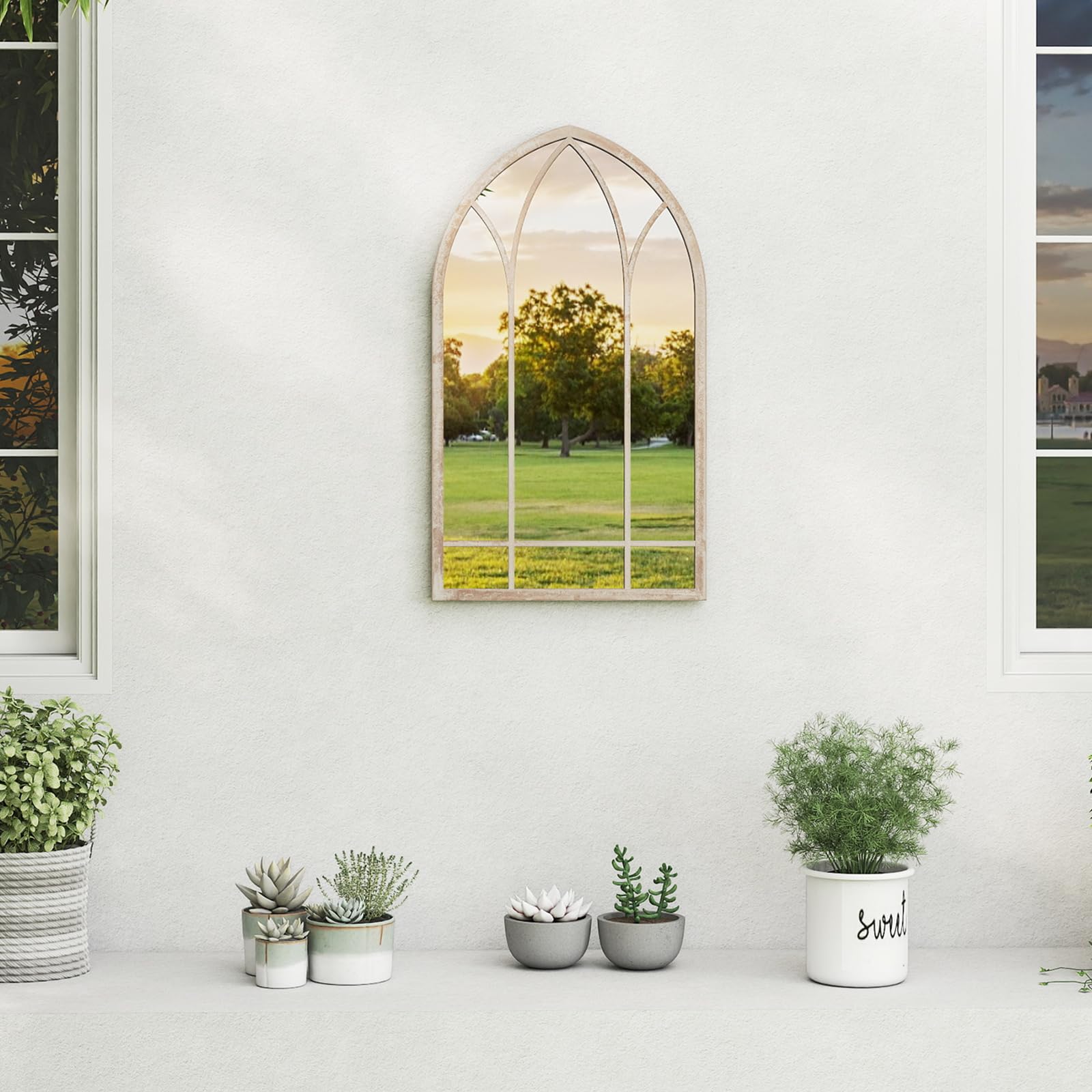 COSTWAY Grand Miroir Mural Arche Exterieur Interieur, Miroir Decoration Murale de Fenêtre, Cadre Métallique, 4 mm Réflexion HD, Matériau Anti-Explosion, pour Salon Entrée Jardin (83 x 48 cm)