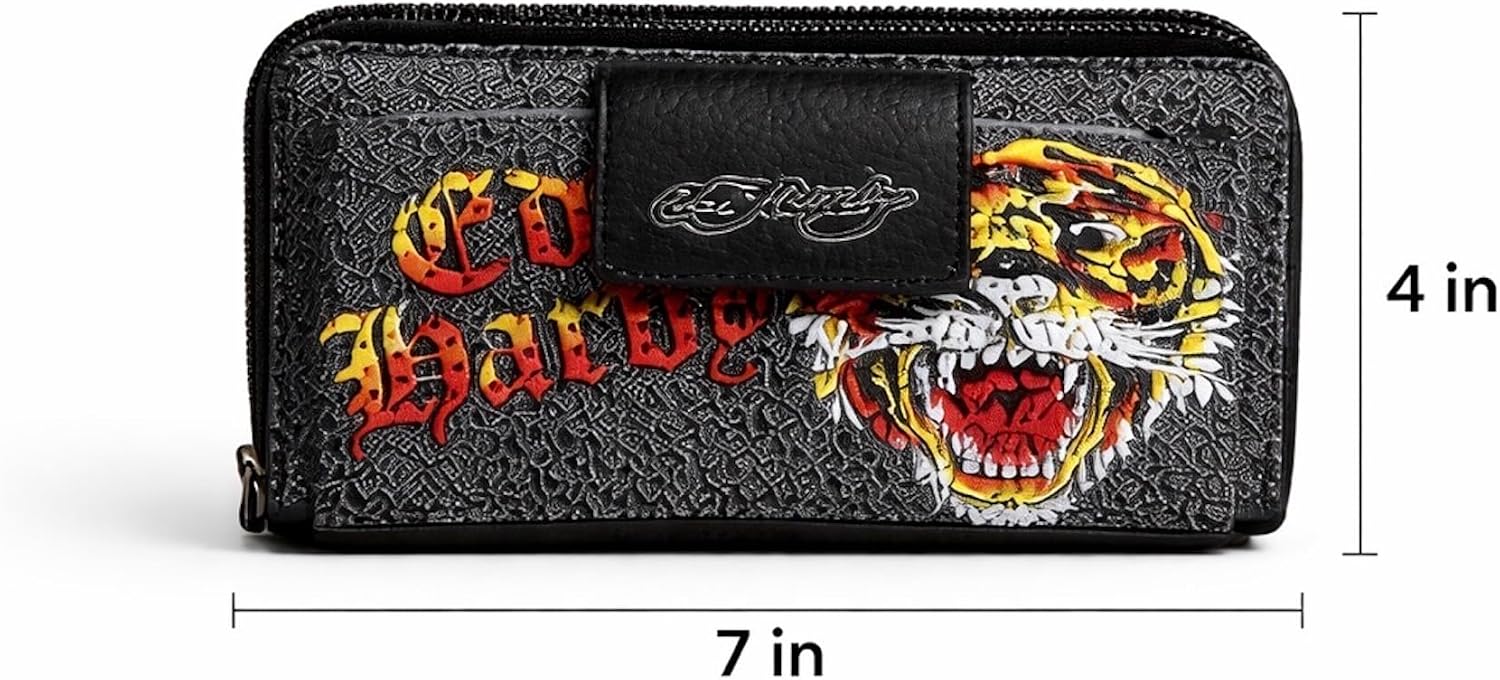 ED HARDY Women's Zip Around Wallet Crossbody Wristlet, Tiger Graphic, Organizer Clutch, 7 x 4 Inches (Tiger Black)