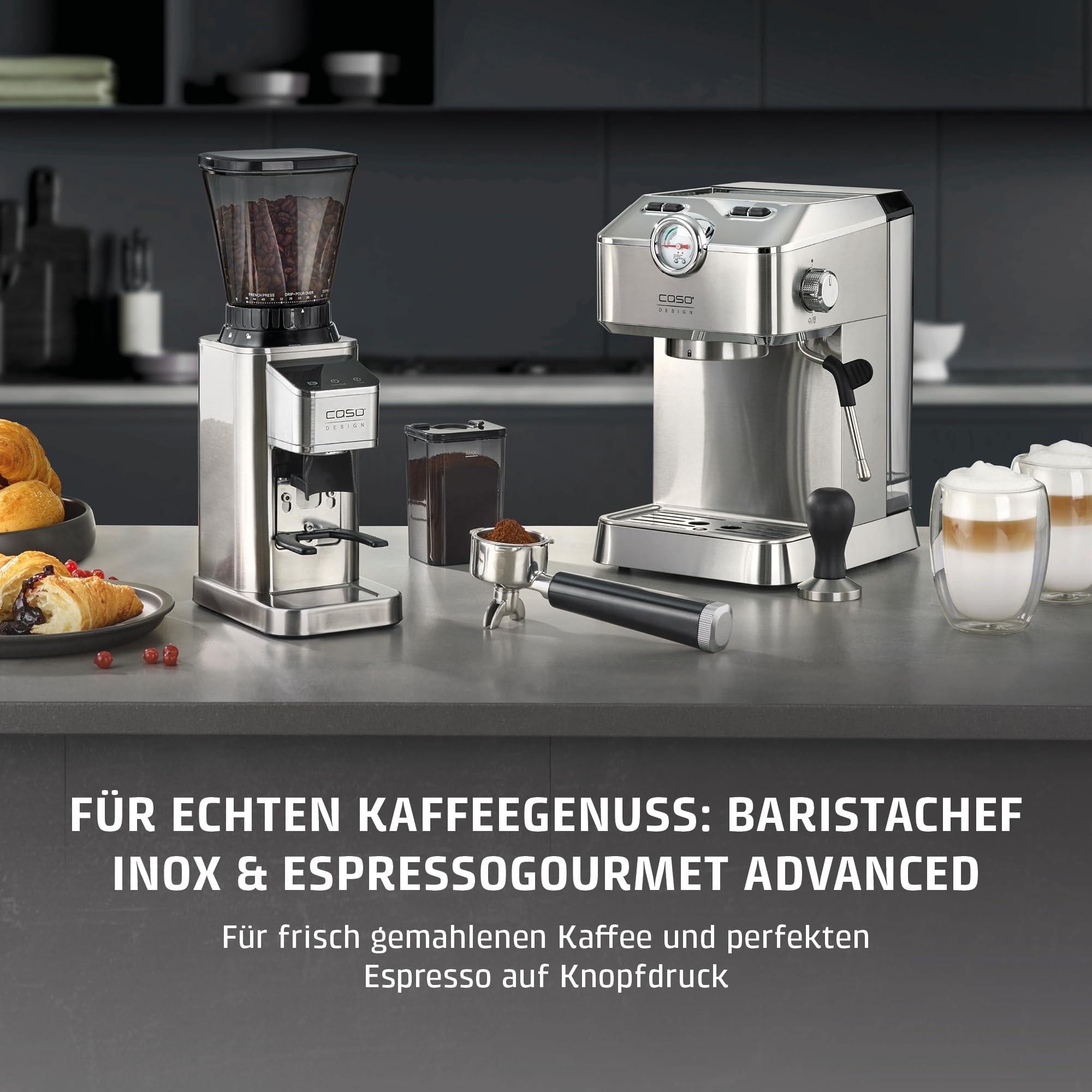 CASO BaristaChef Inox - elektrische Kaffeemühle, Testurteil: Sehr Gut, Edelstahl-Kegelmahlwerk, mit Siebträgerhalterung, 48 präzise Mahlgradstufen