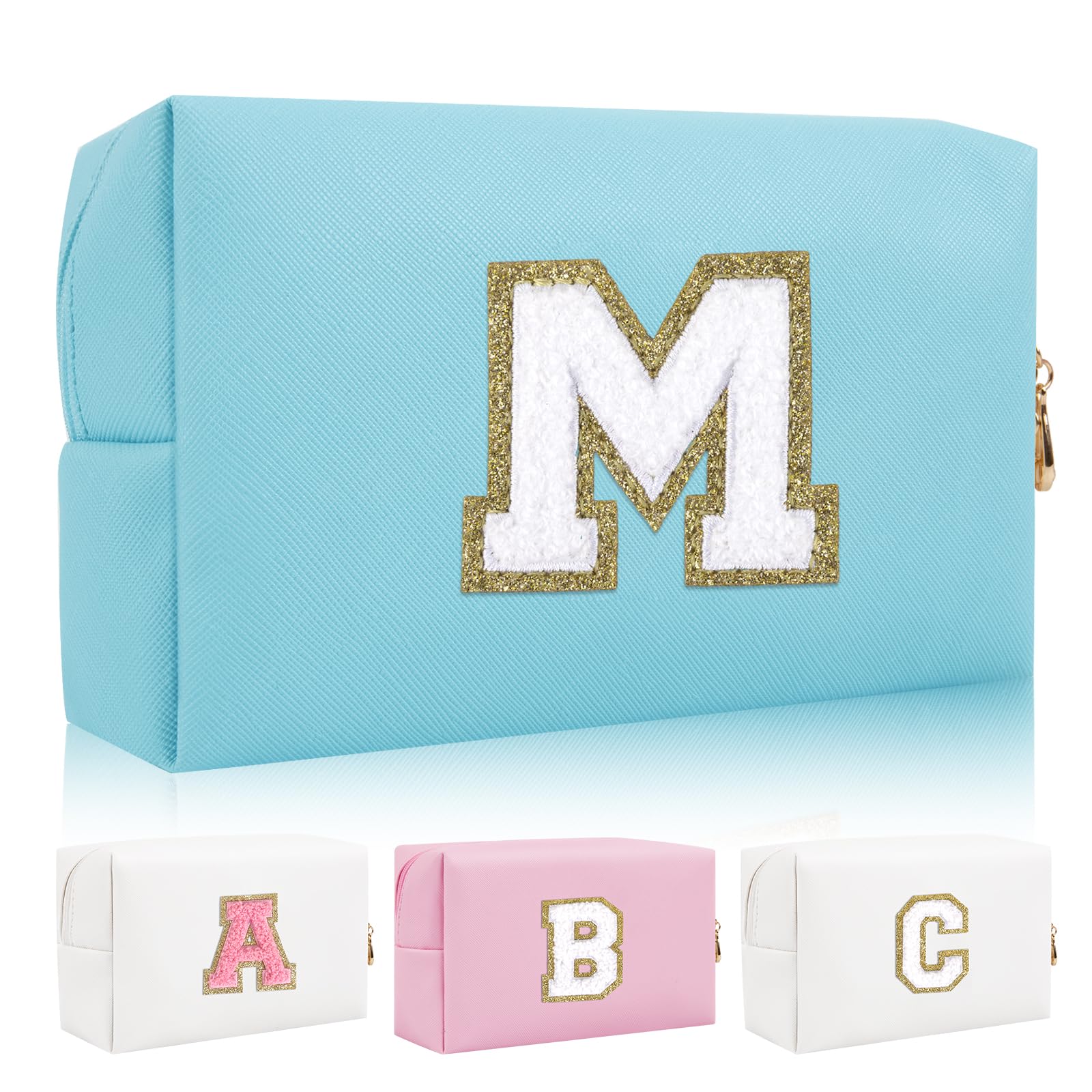 Personalized Initial Letter Patch Makeup Bag, Preppy Portable Chenille Cosmetic Bag with Zipper, PU Leather Waterproof Travel Toiletry Bag Monogram
