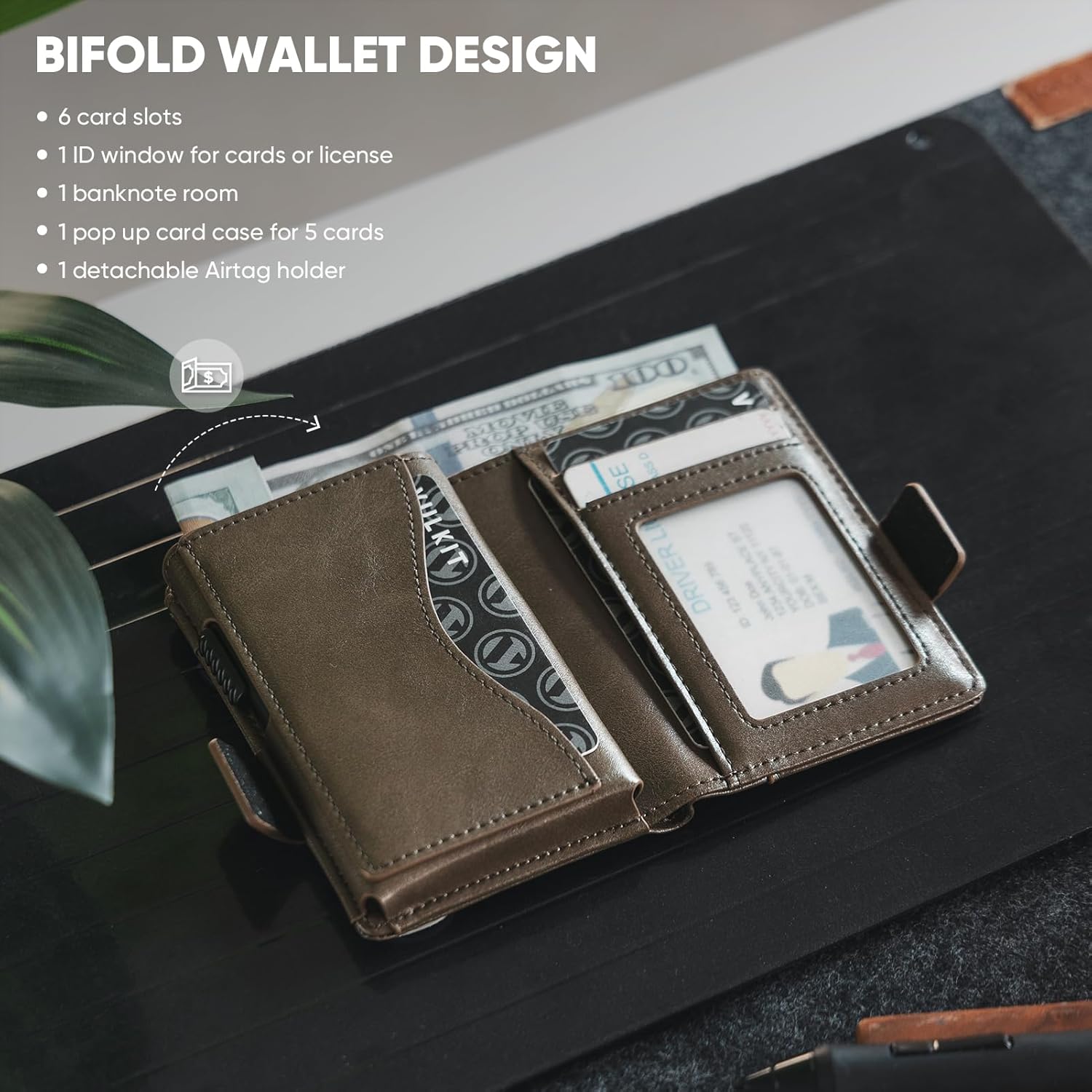 VULKIT Mens Wallet with Key Ring & Airtag Holder Leather Pop Up Card Holder RFID Blocking Keychain Wallet Cash Compartment - Image 4