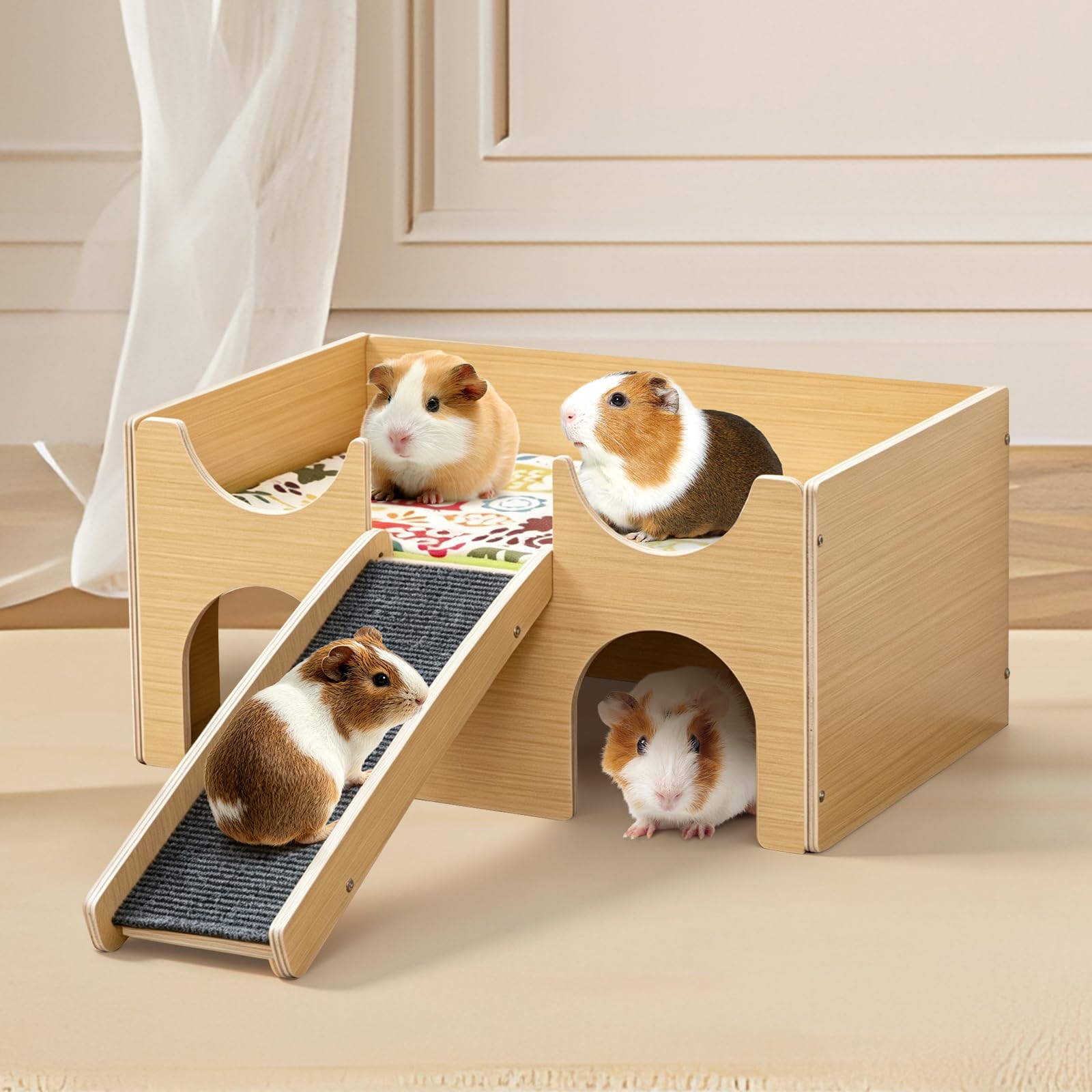 Oniissy 3-in-1 Meerschweinchen Haus aus Holz mit Rampe Versteck Plattfor (38x25x18cm)