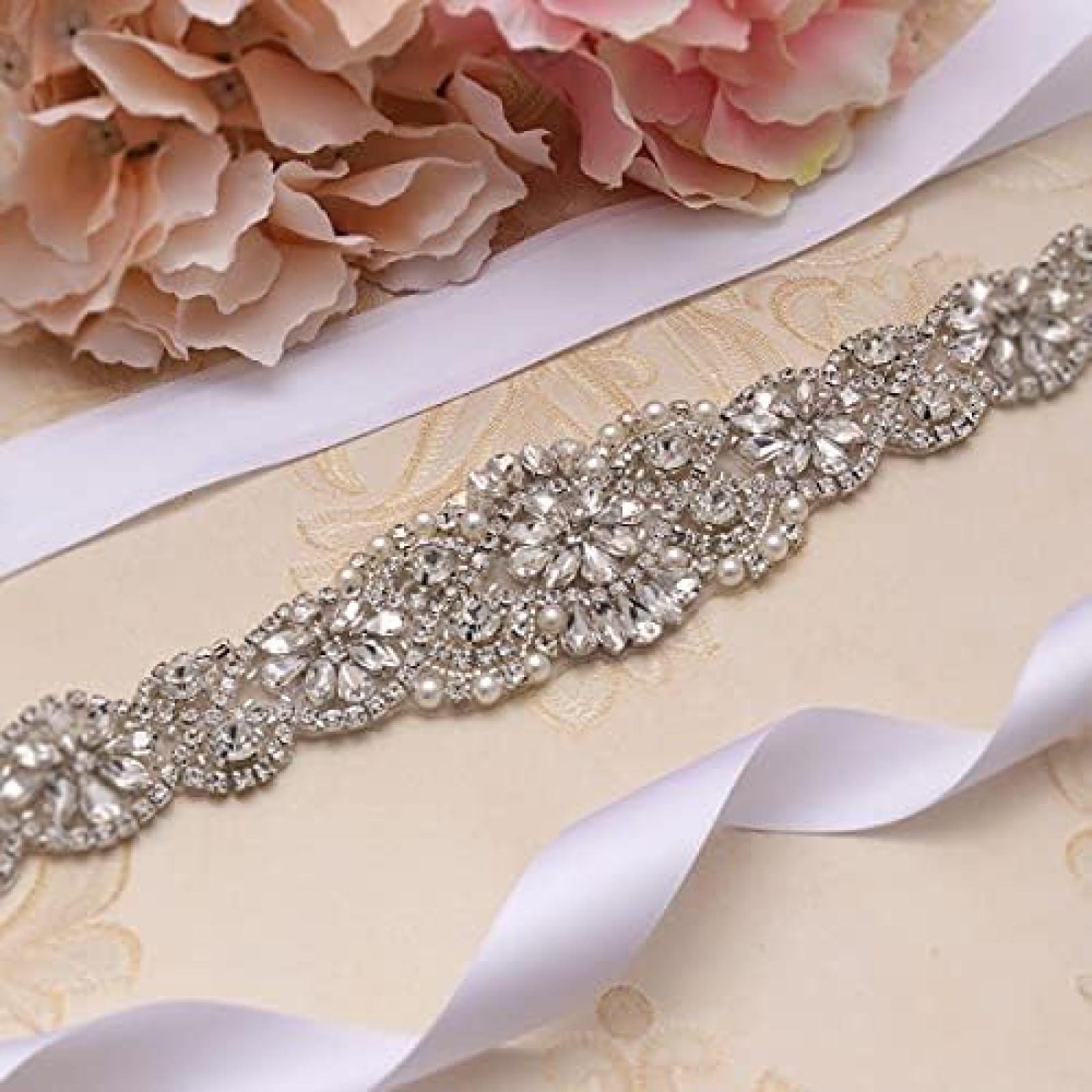 35,5 Zoll Langer Hochzeitsgürtel Silber Strass Braut Schärpe Perlen Brautkleid Gürtel für Hochzeitsaccessoires -,Weißer Organza