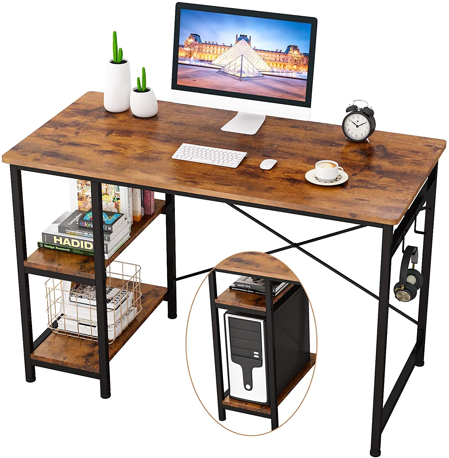 Computer Desk 47", Home Office Study Desk with 2 Storage Shelves on Left or Right Side, Industrial Simple Style Wood Table Metal Frame for PC Laptop Notebook (Rustic Brown)