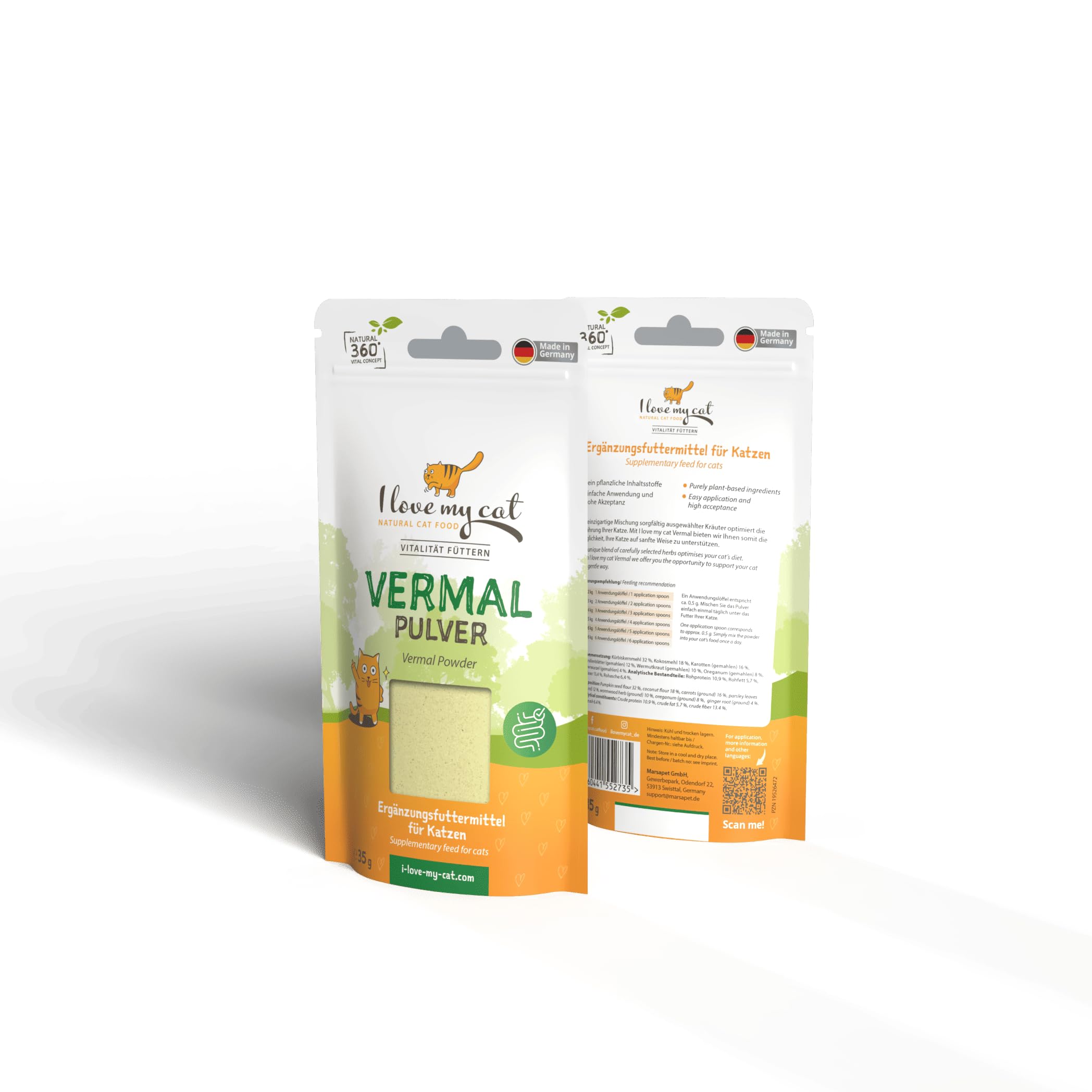 I Love My Cat Vermal Complemento Alimenticio en Polvo para Gatos - 35 g – Ayuda contra la Giardia, Mejora la Dieta y Reduce el Riesgo de Colonización de Gusanos y Parásitos Intestinales