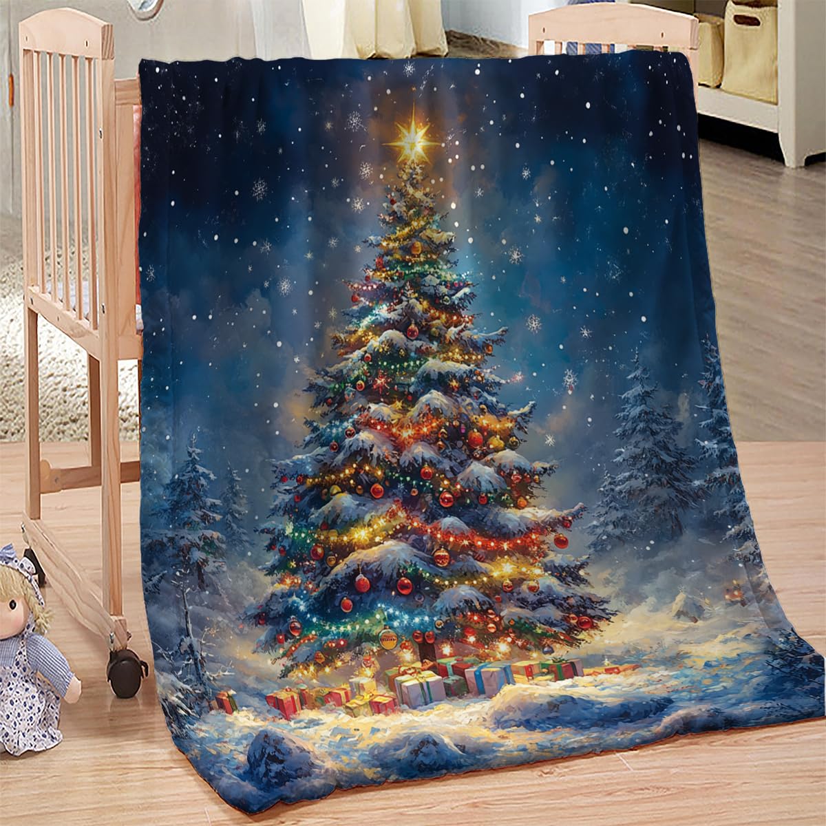 Coperta Pile Sherpa Scena Di Neve Plaid Matrimoniale per Letto E Divano Doppio Strato - Extra Morbida Calda in Microfibra,Regalo Bambini e Adulti