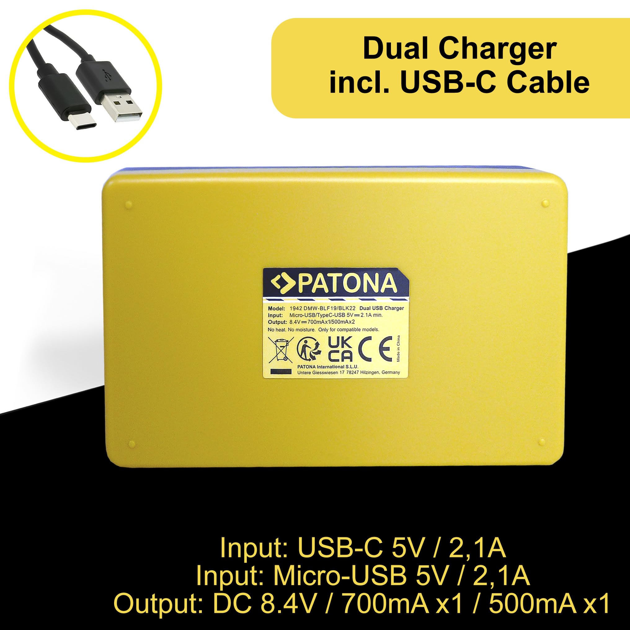 Panasonic Lumix S9 PATONA USB-C Dual Ladegerät Für DMW-BLF19, BLF19E, DMW-BLK22 Akkus Kompatibel Mit Panasonic Lumix DC-G9, DC-S5II, DC-GH6, DC-GH5, DC-GH5 II, DMC-GH4, DMC-GH3 Panasonic S9