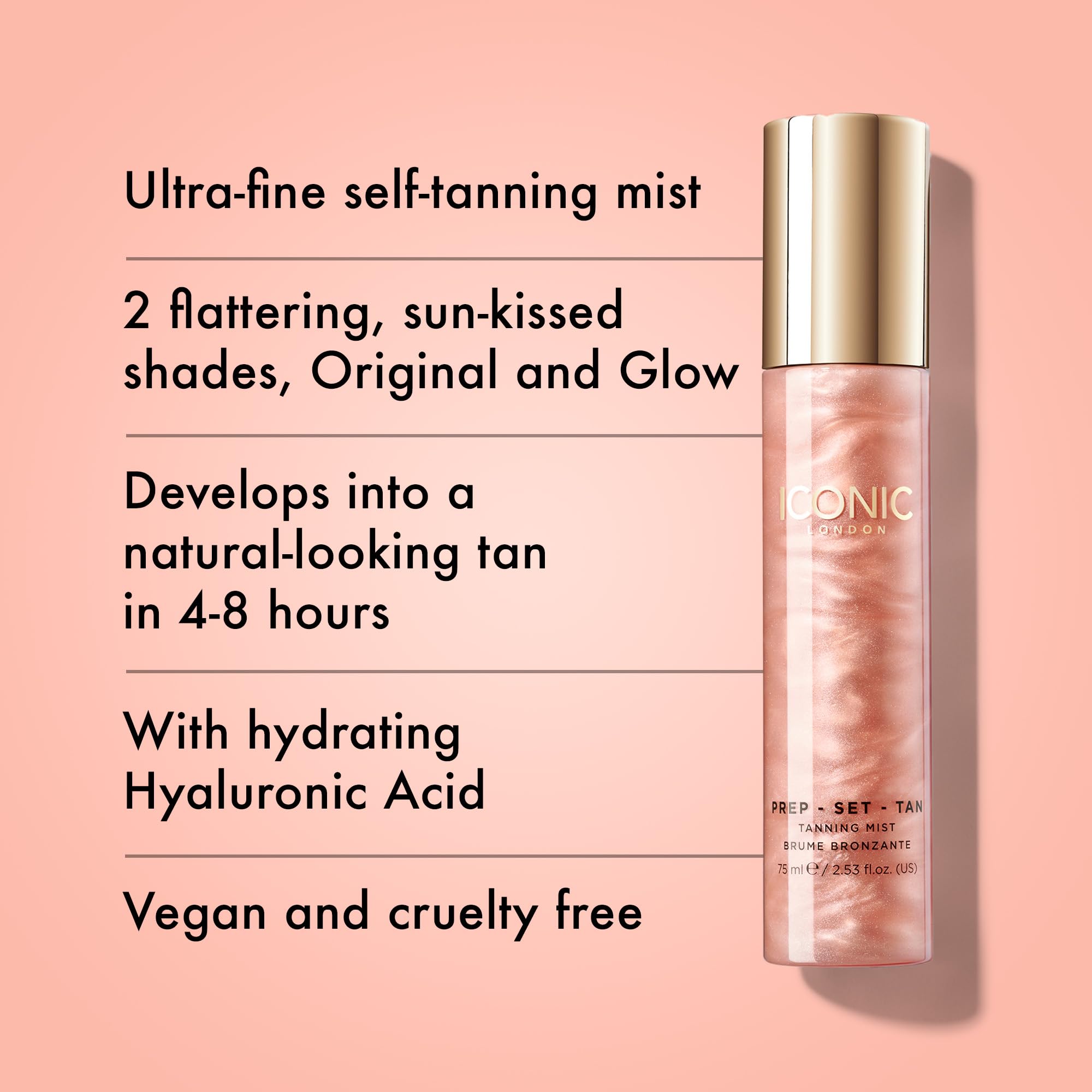 ICONIC LONDON Prep-Set-Tan Original | Shimmering Self Tanning Facial Mist with Hyaluronic Acid, Cruelty-Free, Vegan Makeup, 2.53 Fl oz