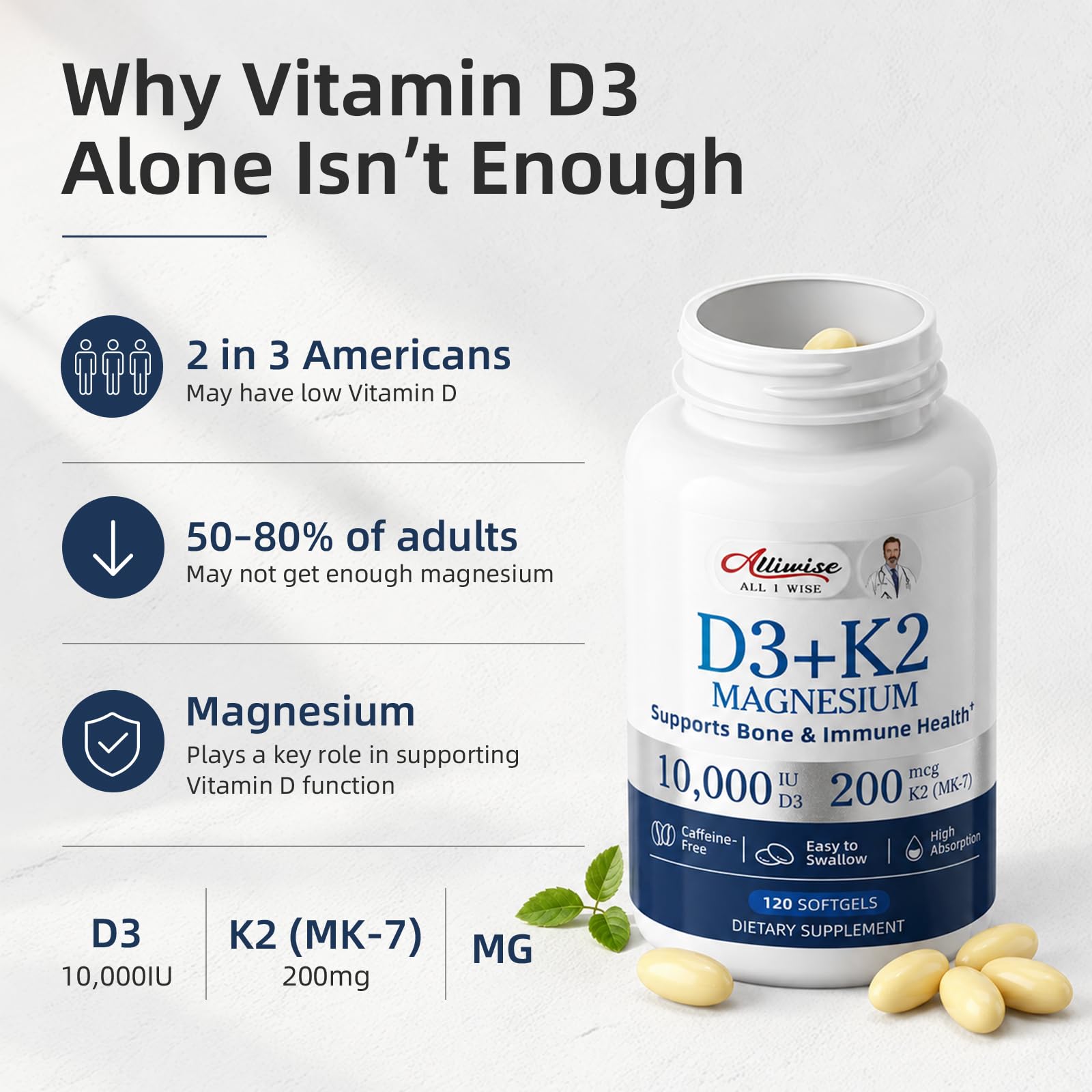 Alliwise D3 K2 Vitamin 10000 IU with Magnesium Complex Softgels, 120 Count — Amazon image 2
