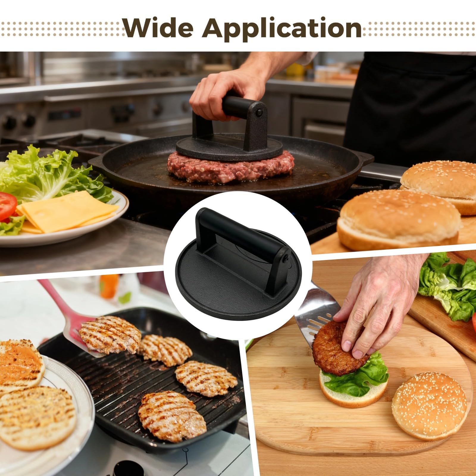 Burgerpresse aus Gusseisen mit Holzgriff, 6,3 Zoll runde Fleischpresse zum Grillen, Smash-Burgerpresse für BBQ, Speck, Sandwiches und Gemüse, robustes Design für gleichmäßiges Kochen