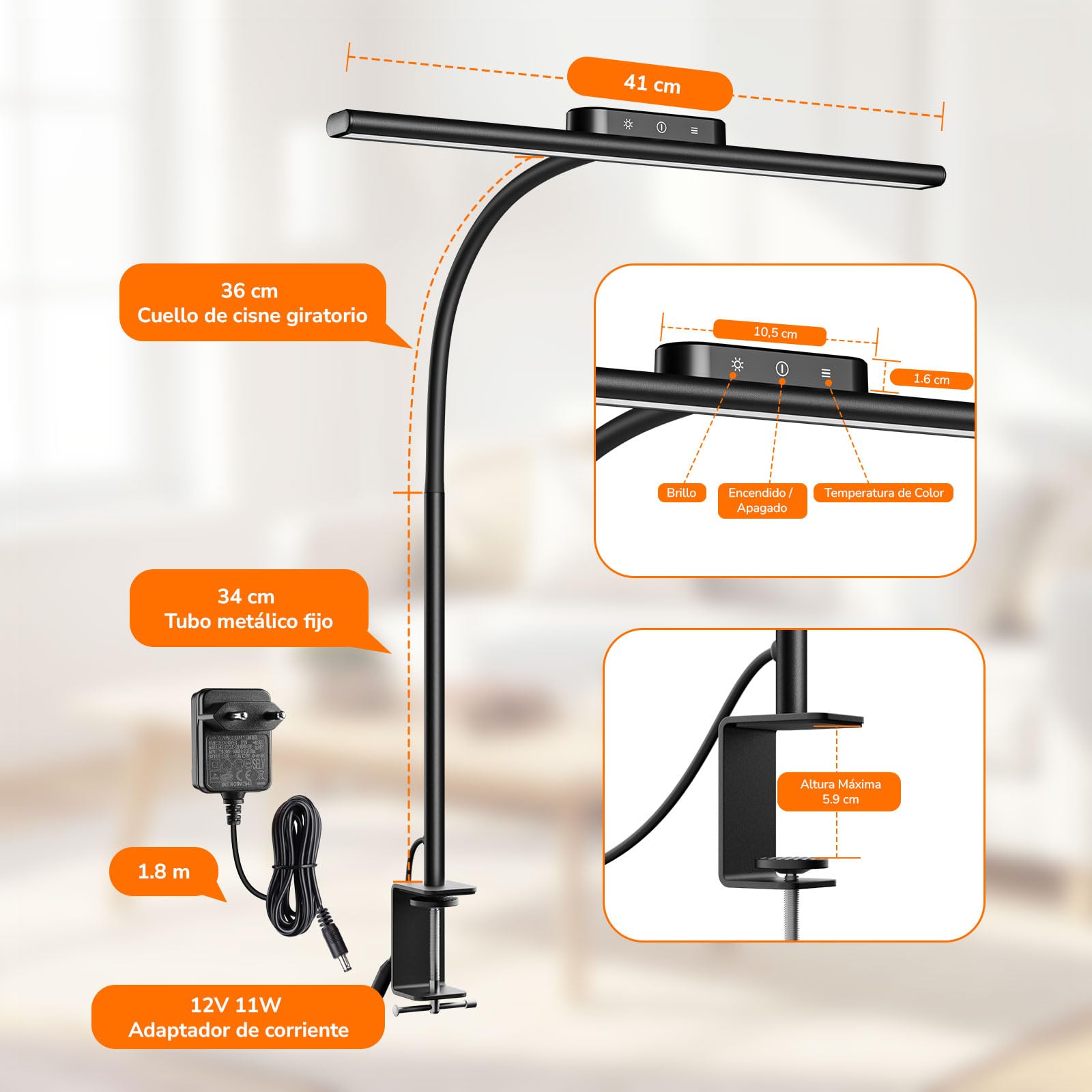 Lepro Lámpara de Escritorio Pinza, Flexible y Ajustable, Cuidado Ocular, Lámpara de Mesa LED 11W, Flexo LED 5 Modos de Color y 5 Niveles de Brillo, Ahorro Espacio, Amplia Área de Iluminación, Negro