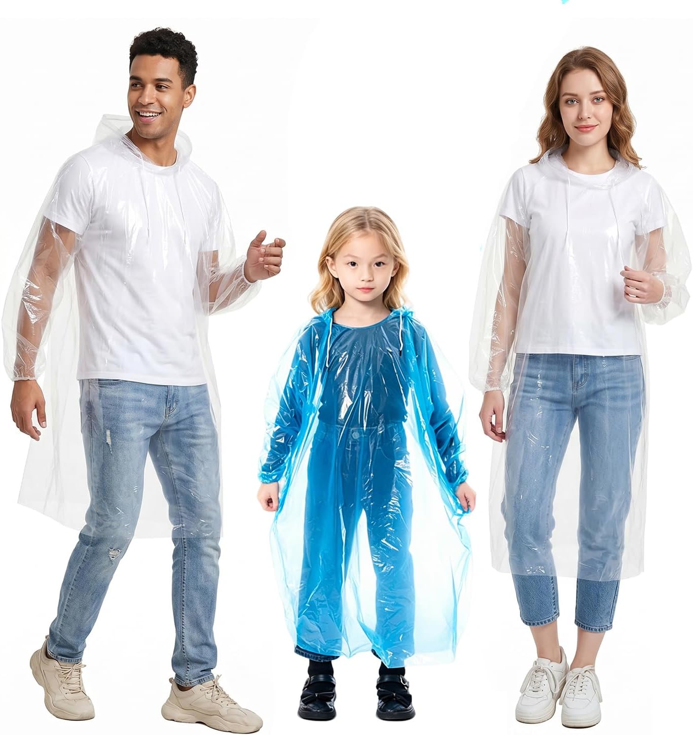 Disposable Rain Poncho Waterproof Emergency Raincoats Family Pack - Rain Coat with Hood, Pack of 5 - For Adults & Kids, Women, Men, Girls & Boys - Travel Poncho for Disney Travel, Hiking, Camping