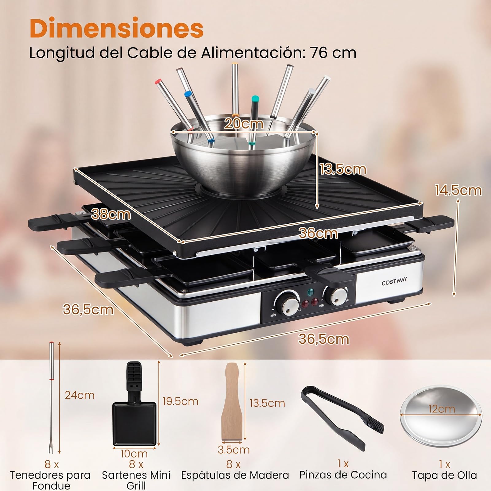 COSTWAY 3 en 1 Raclette, 1800 W, Fondue/Raclette para 8 Personas | Parrilla Eléctrica de Mesa con Capa antiadherente, Control de Temperatura Independiente,6 Tenedores, 8 Bandejas, 8 Espátulas