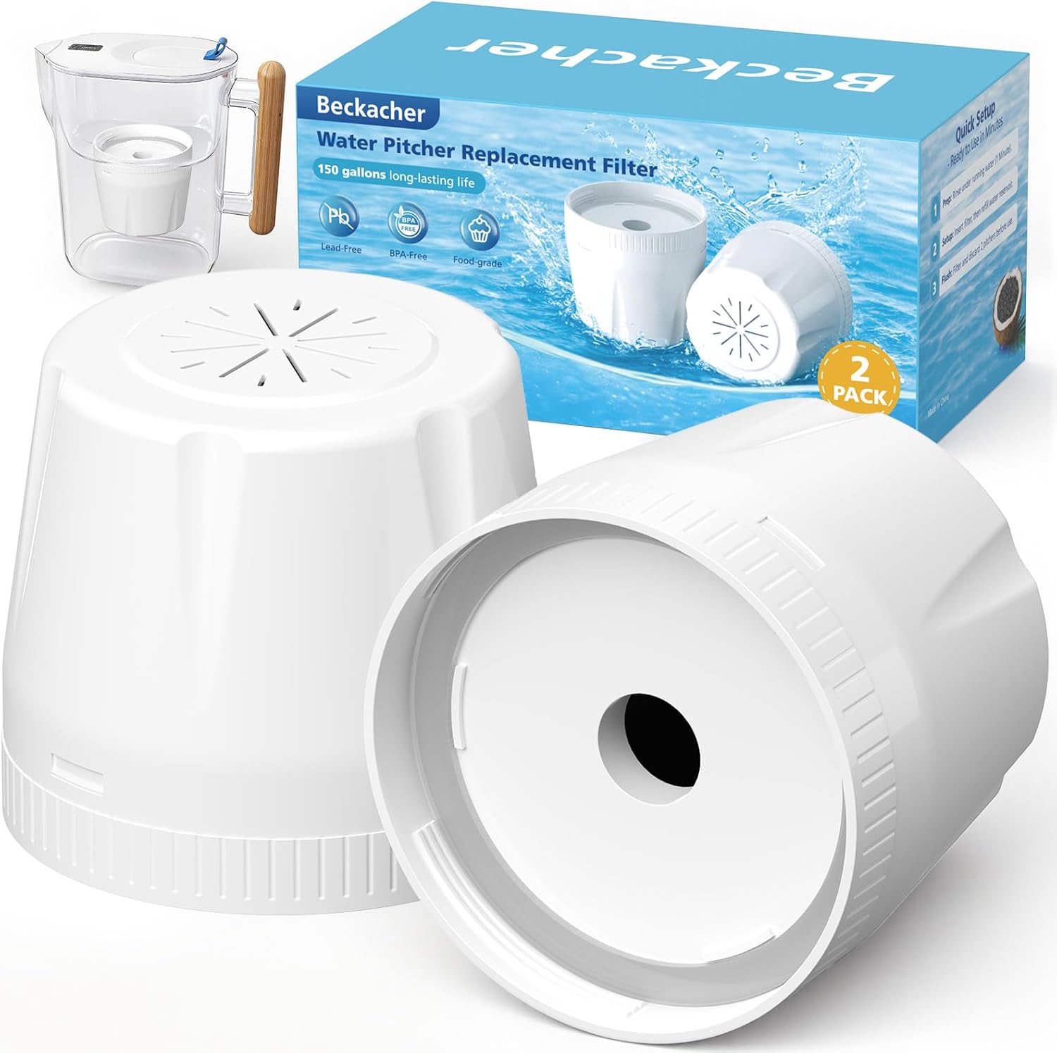 Replacement Filter for Epic Water Filter Pitcher (Pure) and Aquagear, Upgraded Leak-Proof & Clog-Free for Household Drinking Water,Reduces Fluoride Chlorine and Odors, BPA Free,150 Gallon,2 Pack