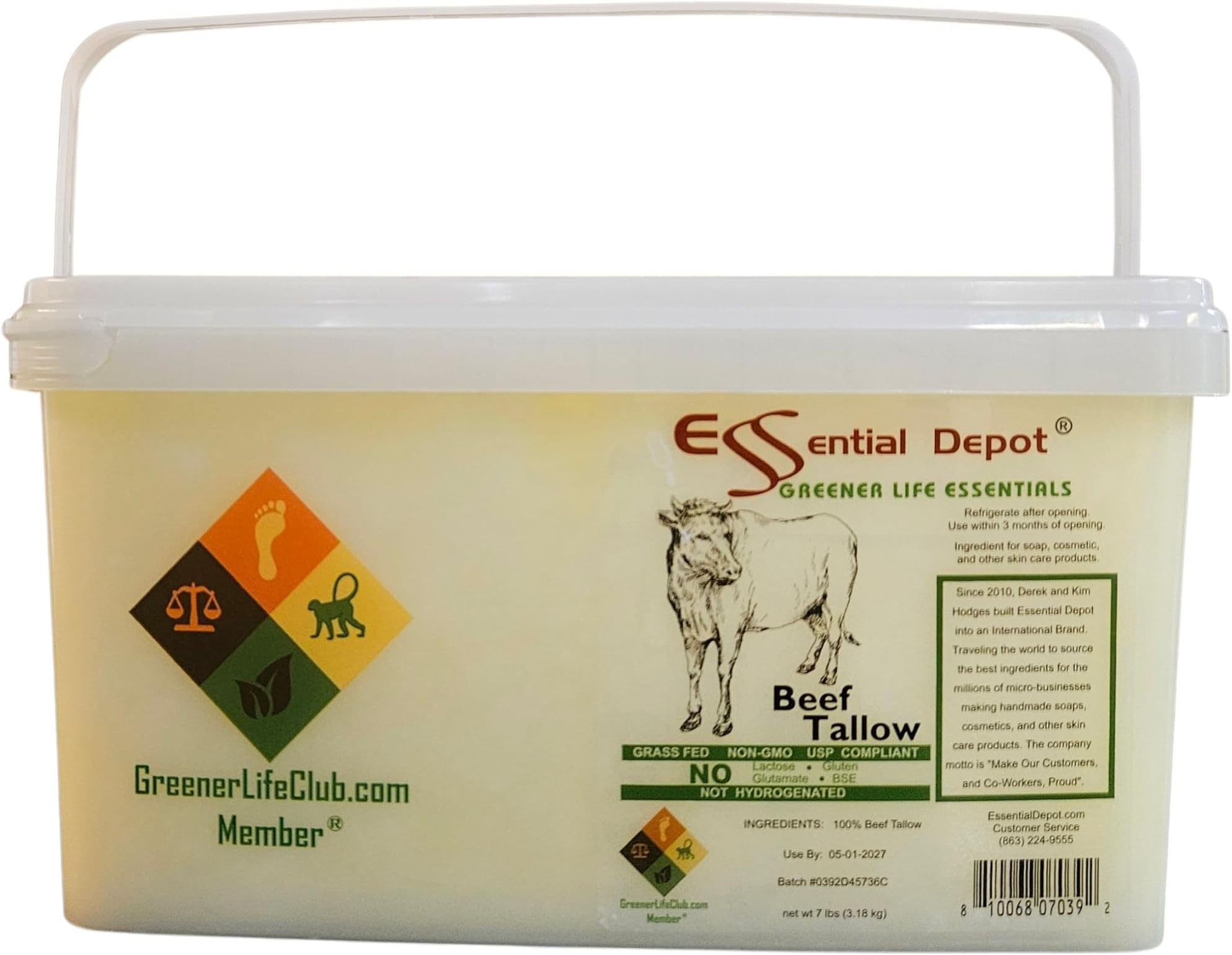 Beef Tallow - 7 lbs - Grass Fed - Non-GMO - Food Grade - Free from Lactose-Gluten-Glutamate-BSE - microwavable PP container, lock tab, resealable lid, removeable re-attachable handle