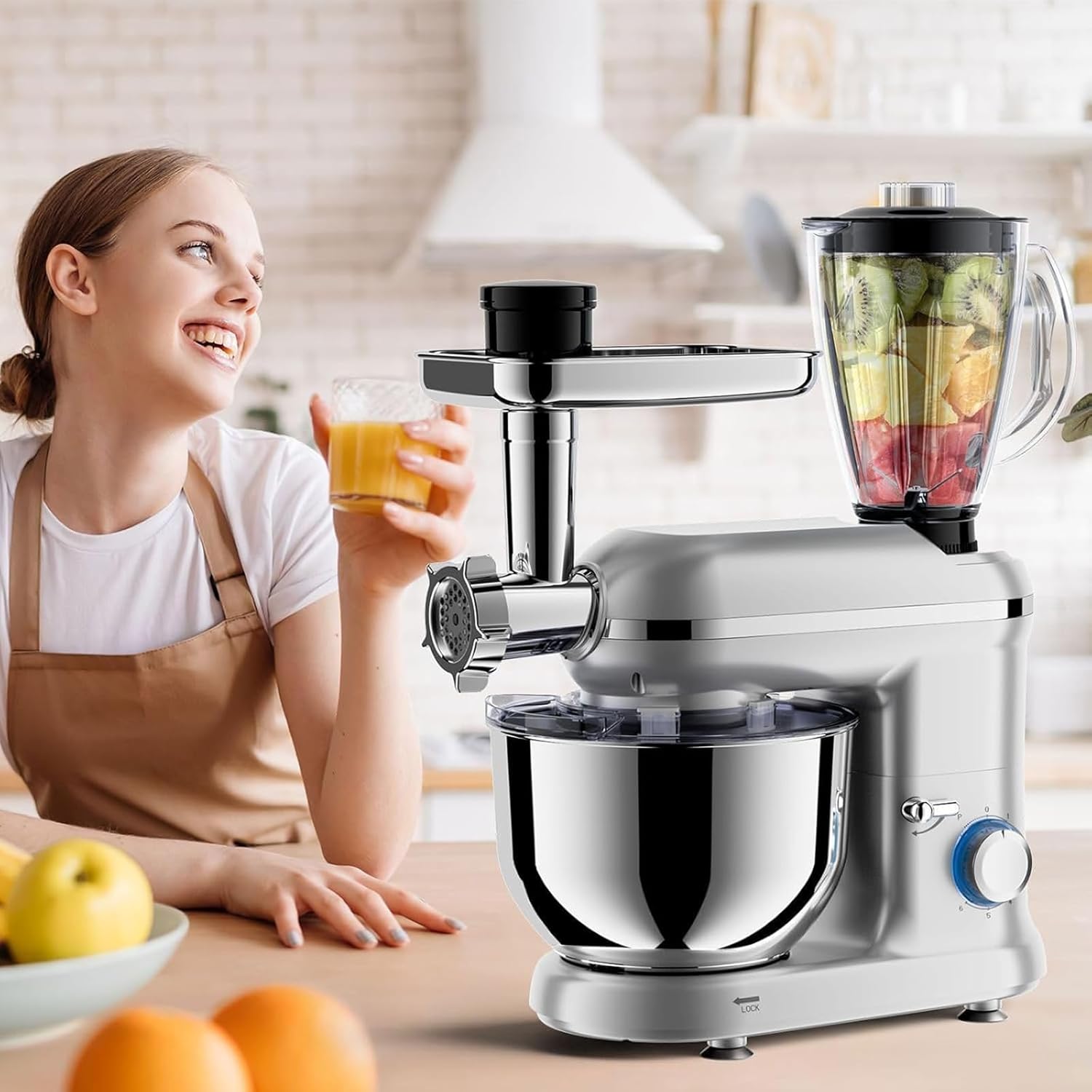 5.5L Stand Mixer, Kitchen Machine, Easy-Switch Attachments+Mixing Functions, with Bowl, 6 Speed Control, with Dough Hook+ Whisk+ Mixing Beater, for Baking/Cake/Cookie/Kneading,A