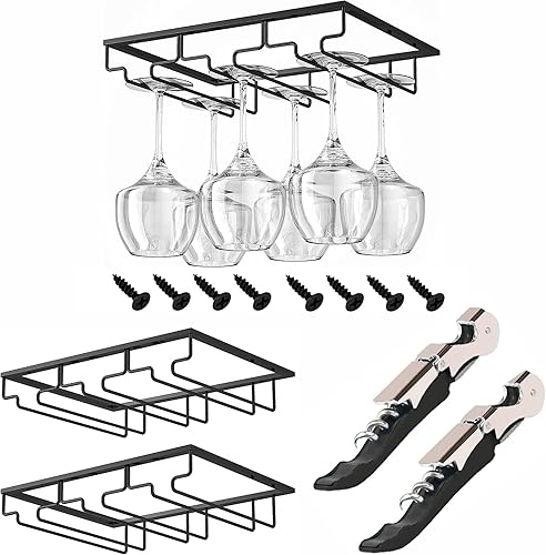 ONESTEP CLUB Soporte para copas de vino debajo del gabinete montado con tornillo con 2 sacacorchos abrebotellas, estante de almacenamiento de