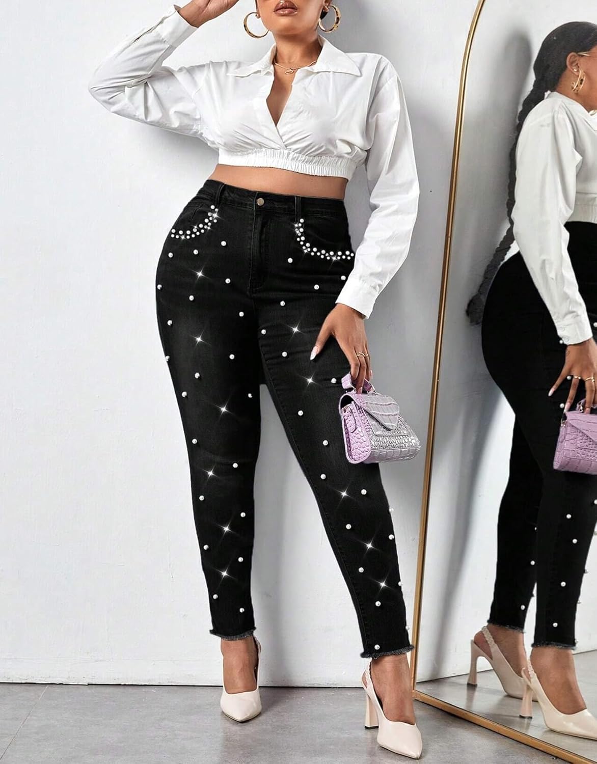 Cyparel Women's Stretch Skinny Jeans Pearl Beaded Fringe Tassels Frayed Butt Lifting Slim Fit Denim Pants - Image 5