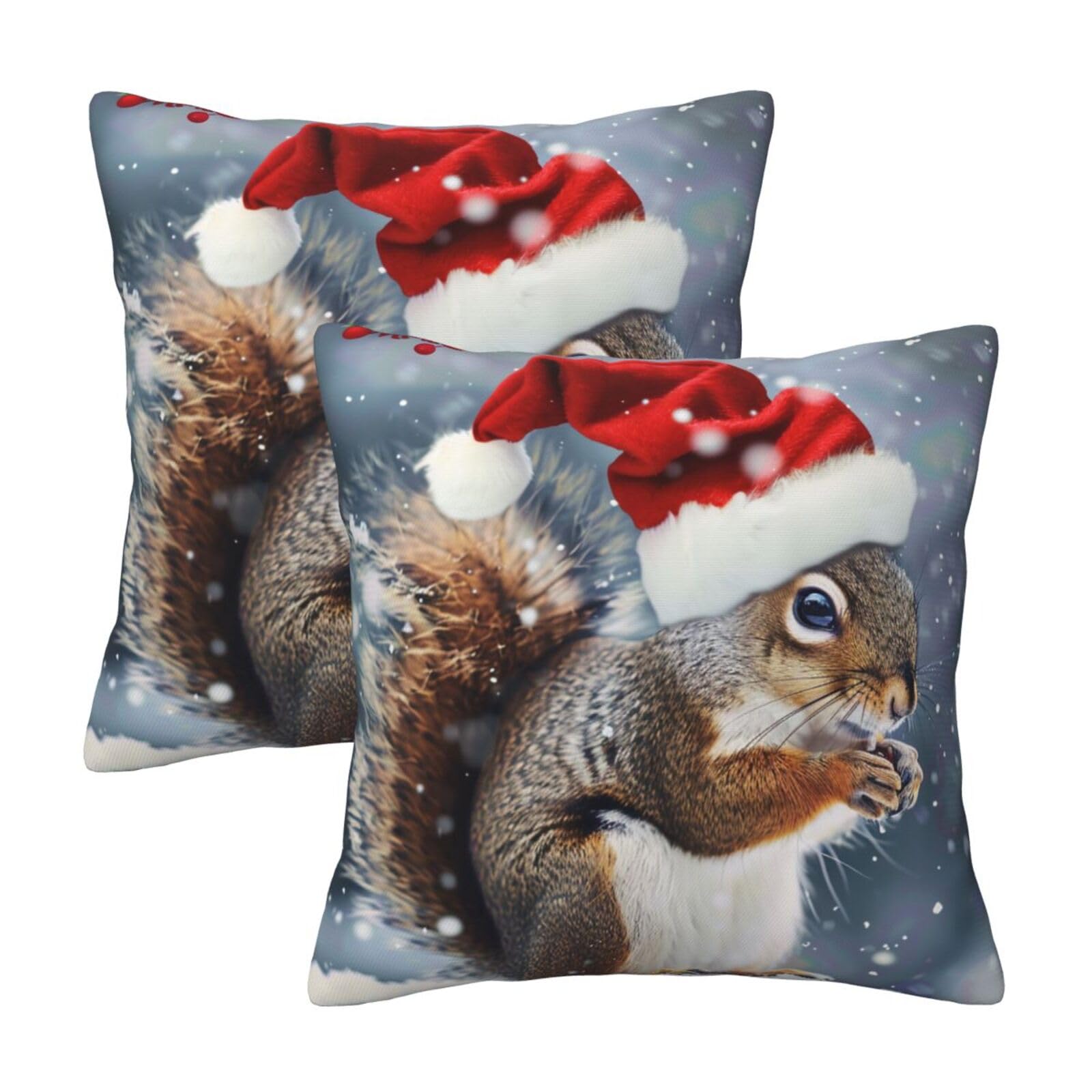 Christmas squirrel Throw Pillow Cases 2 Pack Square Pillowcases Soft Pillow Protectors for Couch Livingroom Sofa Bed Office Car,30x30 CM