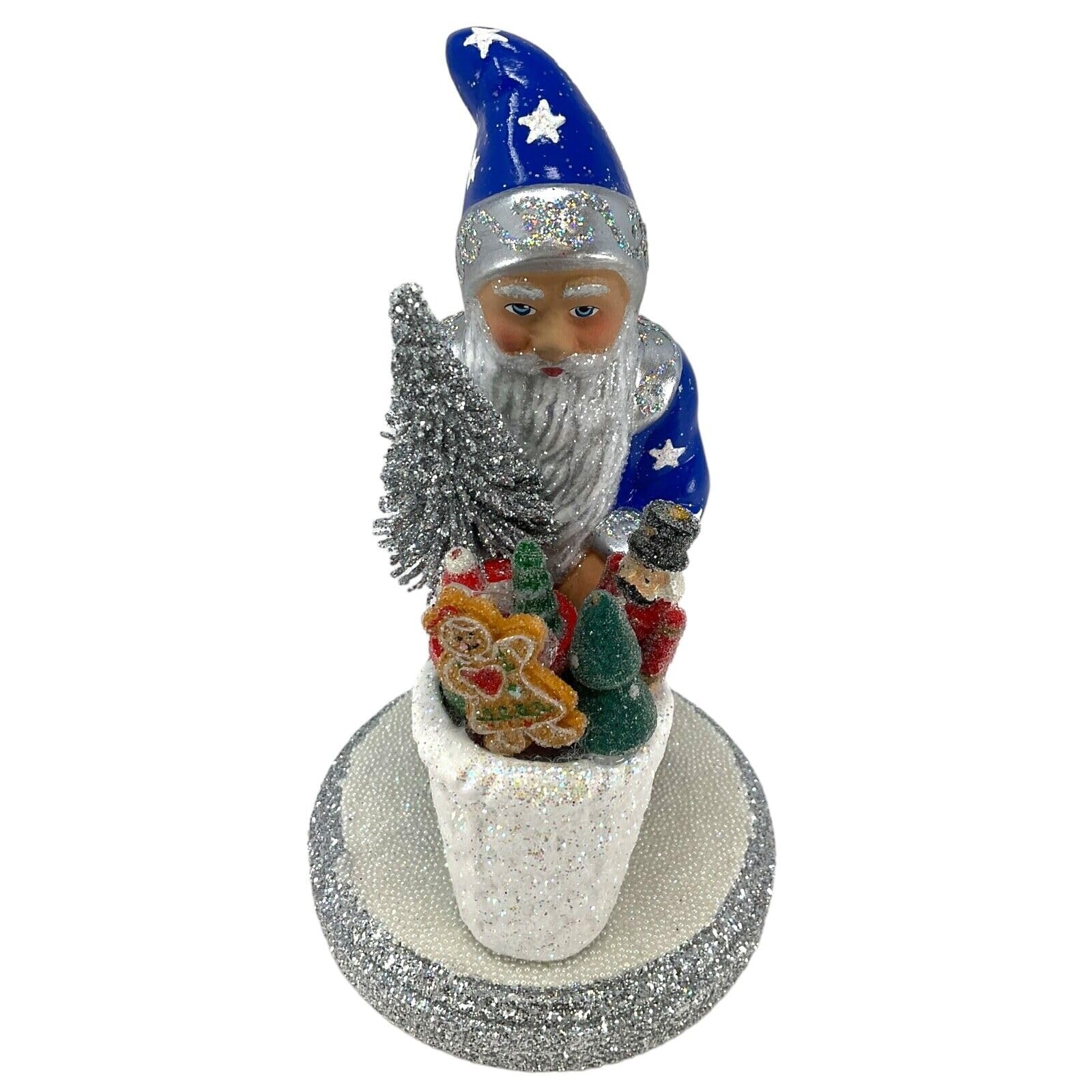 Christmas Decorations for The Holiday - Blue Santa with Stars and Basket of German Paper Mache - Decorations for Christmas sdf-782