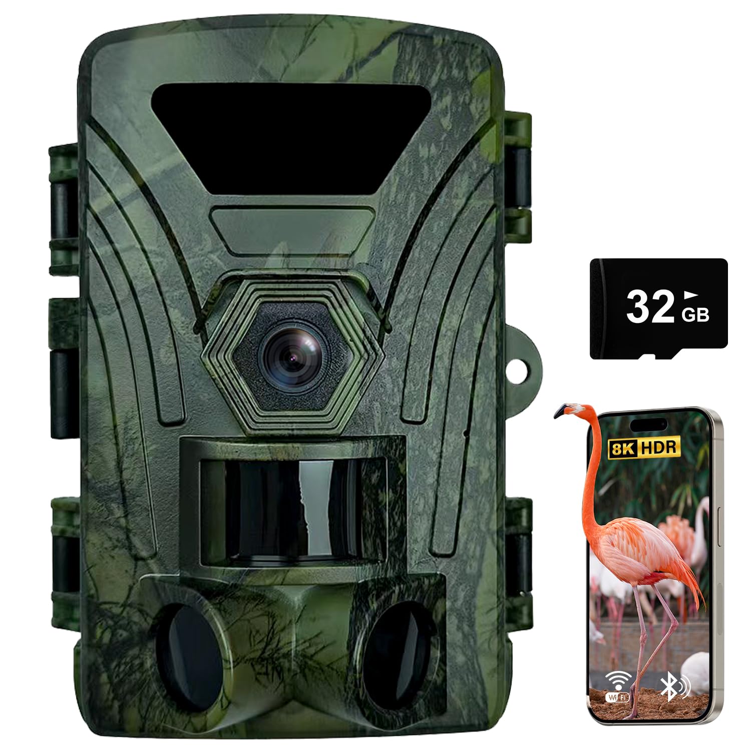 Fototrappola 8K, Fototrappole Infrarossi Invisibili WiFI 60MP, 120° WiFi Fotocamera Caccia con SD da 32 GB, Foto Trappola di Videosorveglianza per Animali Movimento Attivato Visione Notturna