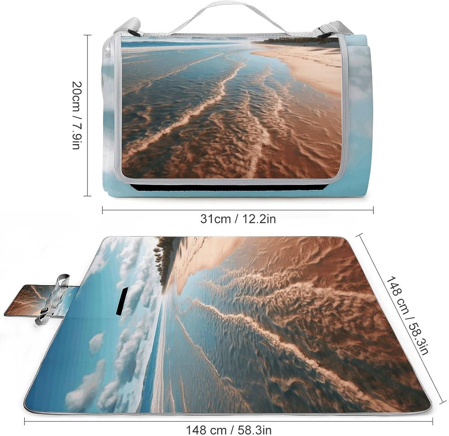 Beach Waterproof Picnic Blanket 58.3''x58.3'',Portable and Foldable Picnic Mat with Handle,Outdoor Blankets for Lawn Park Beach Travel