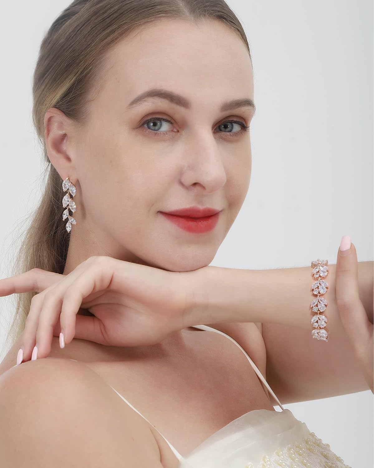 UDYLGOON Leaf Dangle Earrings & Bracelet Set, Elegant Bridal Jewelry Set for Wedding, Prom, Party, Bridesmaid Gift - Image 3