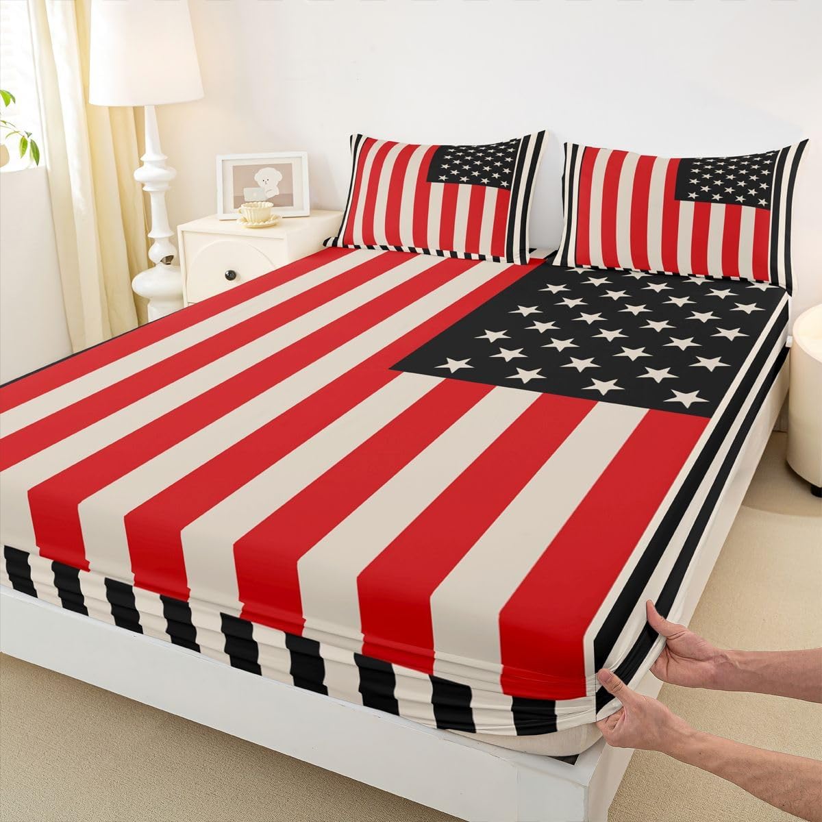 American Flag Fitted Sheet, USA Federations Stars Stripe Bedding Sets for Kids Teens Adult, United States Bed Sheets American Flag Black Red Bedding Decor Set Twin Size 1 Fitted Sheet+1 Pillow Case