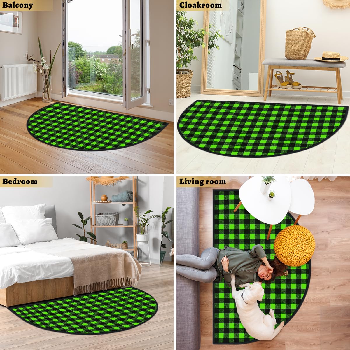 Mexpekil Paillasson demi-lune à carreaux vert vif et noir, pour intérieur et extérieur, antidérapant, lavable, absorbant, anti-saleté, 100 x 160 cm