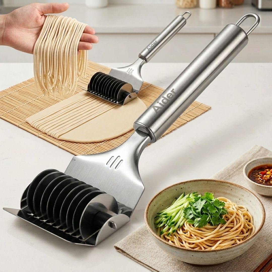 Aider 2-in-1 Nool Porotta Roller & Spaghetti Cutter Maker | Stainless Steel Multi-Use Dough Cutter