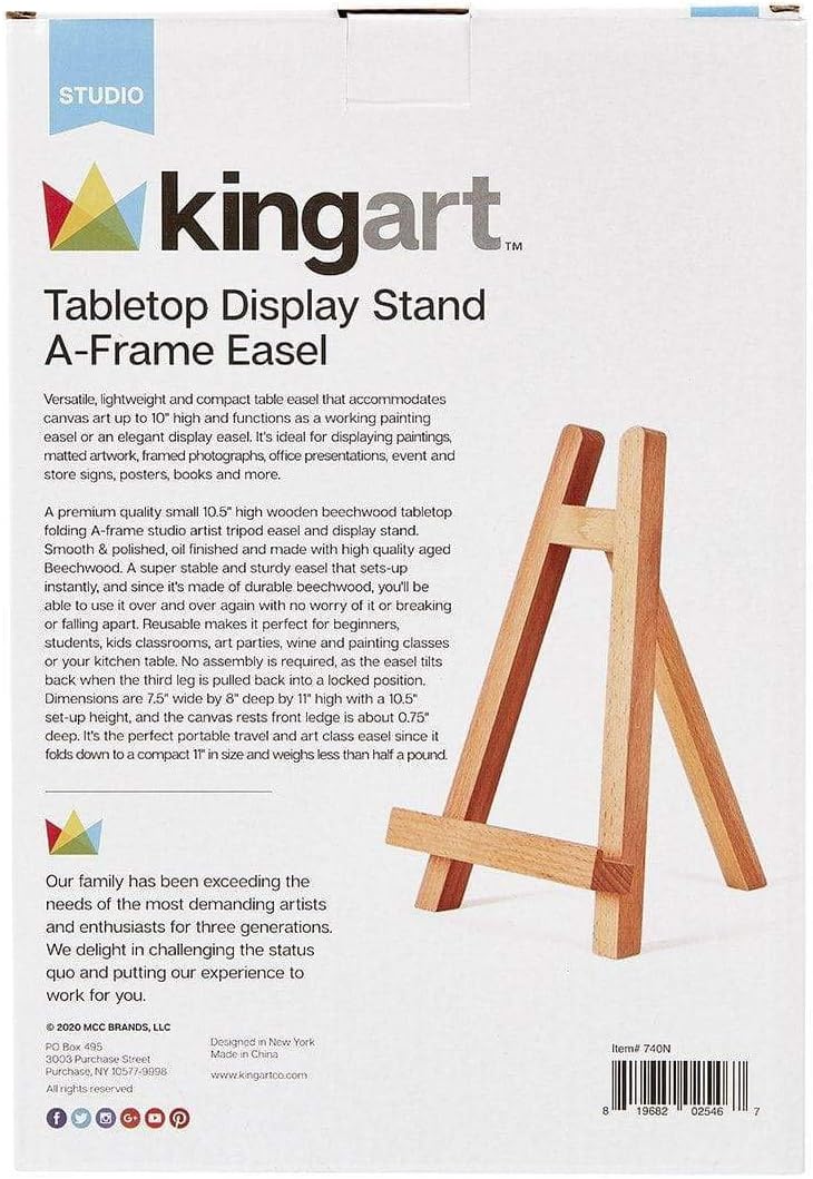 KINGART Small Tabletop Display Easel, Holds Up to 10" Canvas, Solid Wood, Portable