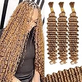 12A #27 Honey Blonde Human Braiding Hair for Boho Braids 3 Bundles 18 Inch 100g Deep Wave Braiding Hair for Bohemian Knotless Braids 100% Unprocessed Virgin Bulk Hair Extensions No Weft