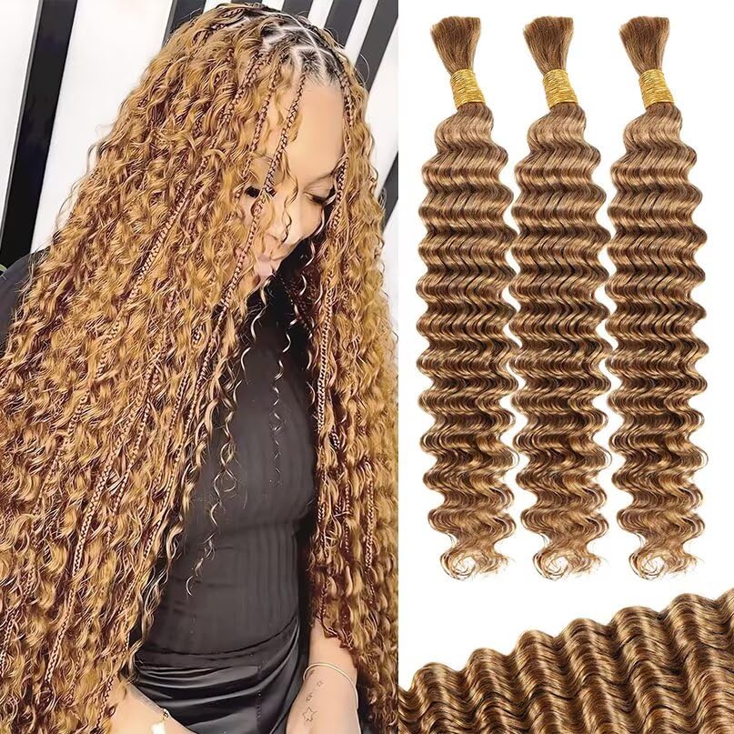 12A #27 Honey Blonde Human Braiding Hair for Boho Braids 3 Bundles 18 Inch 100g Deep Wave Braiding Hair for Bohemian Knotless Braids 100% Unprocessed Virgin Bulk Hair Extensions No Weft