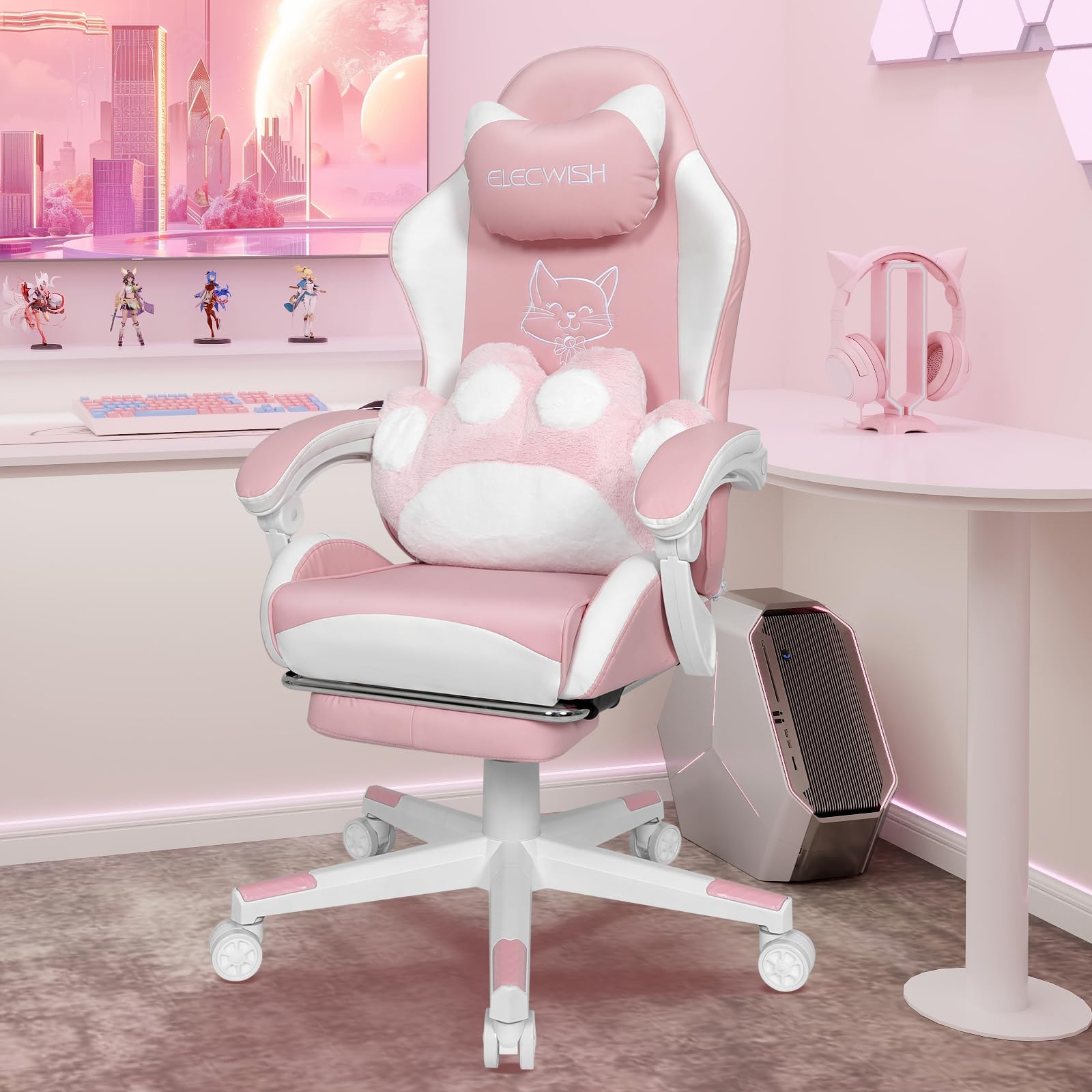 YOURLITE Chaise Gaming Rose Chat,Fauteuil Gamer Ergonomique,Rose et Blanc