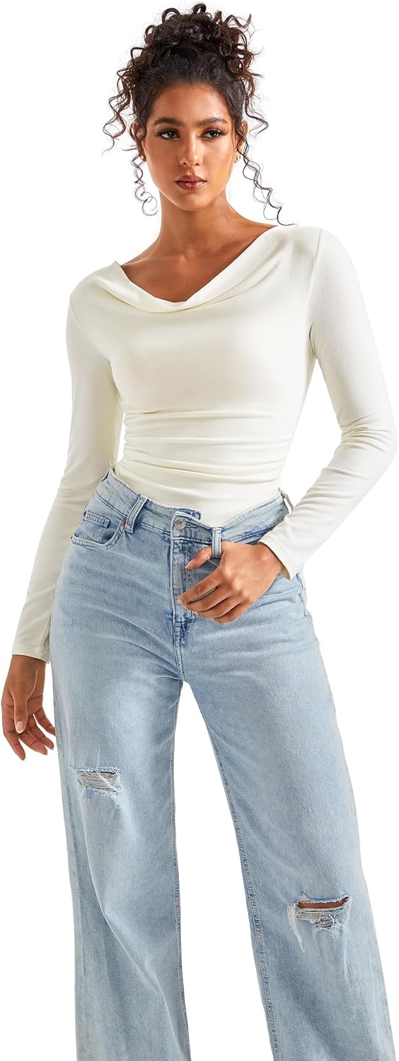 SUUKSESS Women Long Sleeve Off Shoulder Tops Trendy Cowl Neck Going Out Shirt for Fall - Image 3