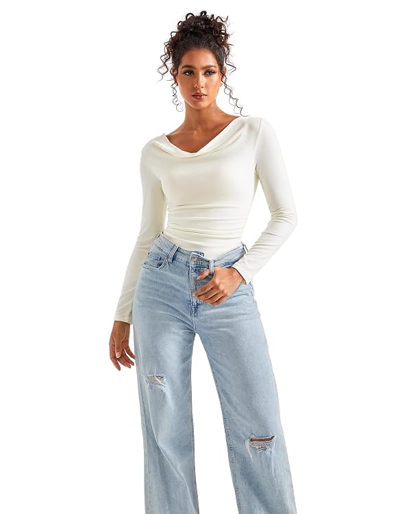 SUUKSESS Women Long Sleeve Off Shoulder Tops Trendy Cowl Neck Going Out Basic Blouses Shirts for Fall (White, S) by SUUKSESS - Used condition - Image 3
