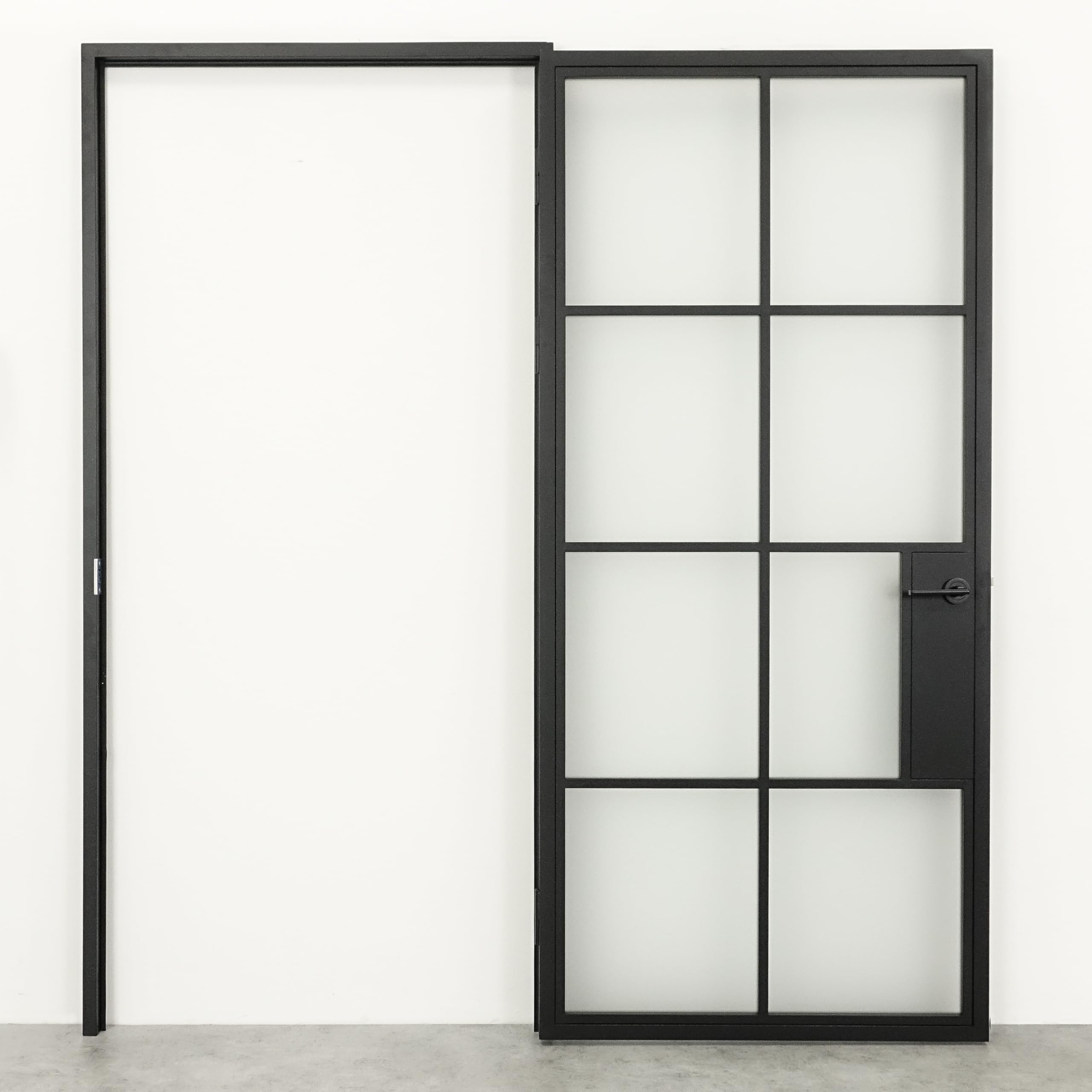 Loft-Glastüren innen Türenset mit Griff für Büro, Bad, Kleiderschrank, Speisekammer Akron (Transparentes Glas, rechts) 90x200 cm