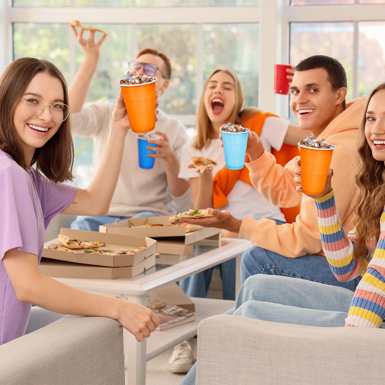 JarThenaAMCS Einweg-Trinkbecher, stapelbar, Partybecher für Welpen, Hunde, Geburtstag, Babyparty, Camping, 473 ml, Orange / Blau, 150 Stück