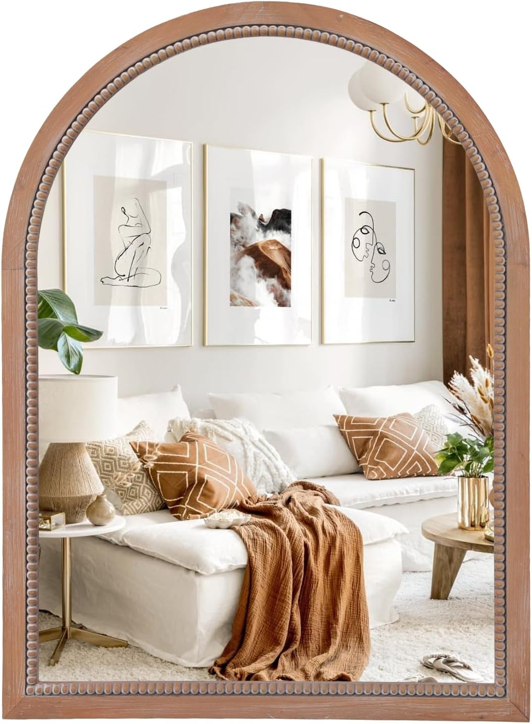 sawsile Round Wood Mirror,24 inch Circle Rustic Farmhouse Natural Wooden Frame Boho Beads Wall Mirror for Bathroom,Living Room,Bedroom or Entryway