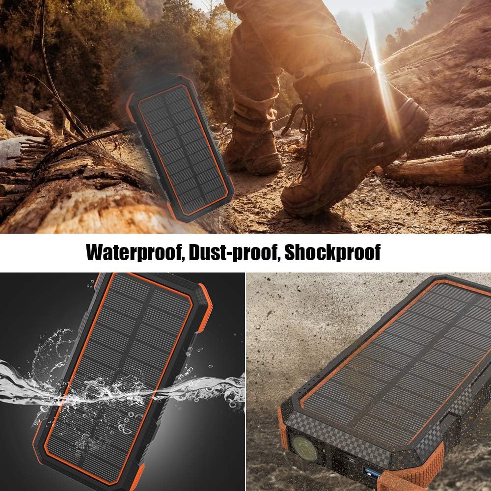 X-DRAGON Solar Phone Charger showing waterproof and shockproof features