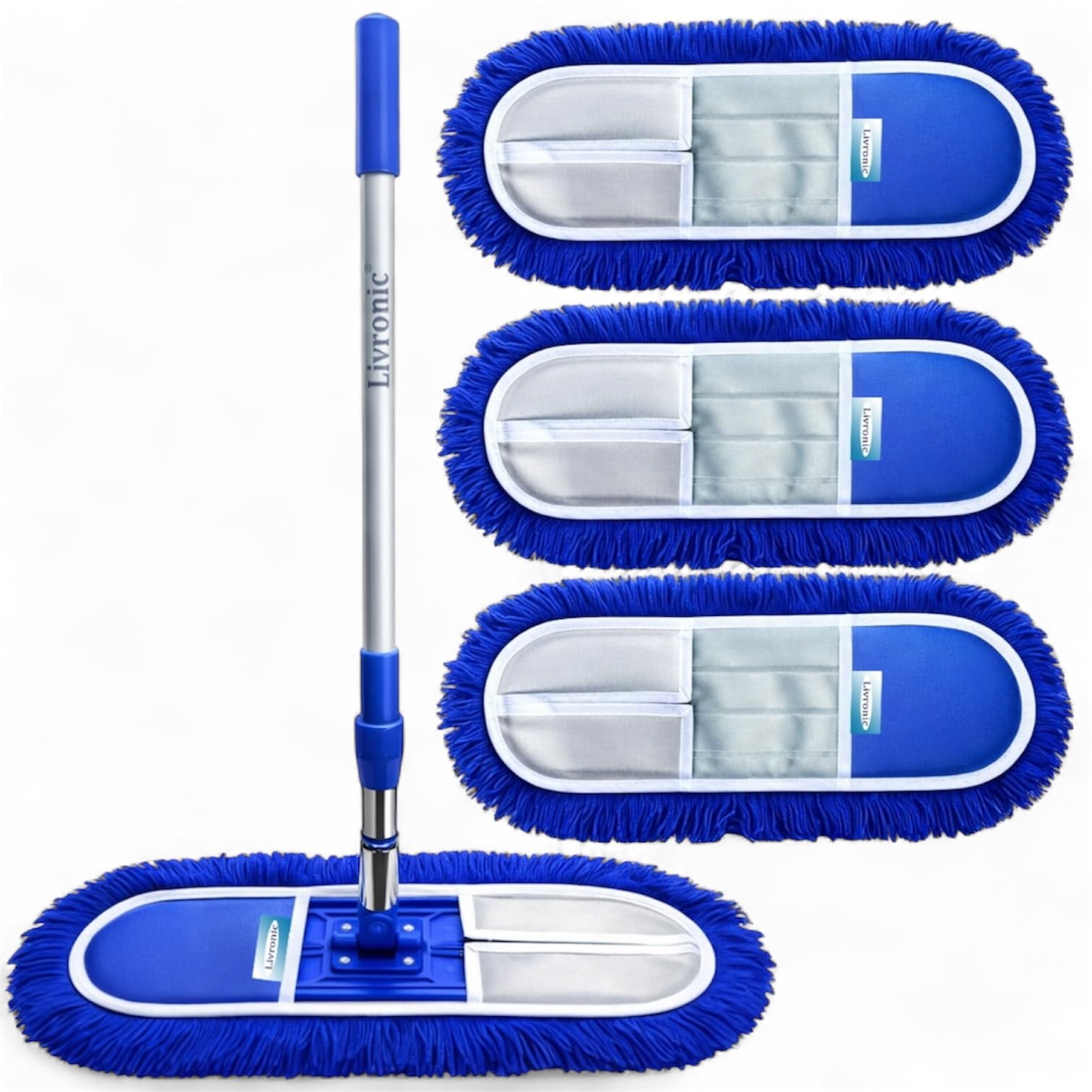 Livronic® Heavy Duty 18” Wide Head Acrylic Wet and Dry Dust Mop with Extendable 4-Feet Telescopic Handle for Easy Cleaning for Home,Office etc (18" Acrylic Mop (Full Set + 3 Refill))