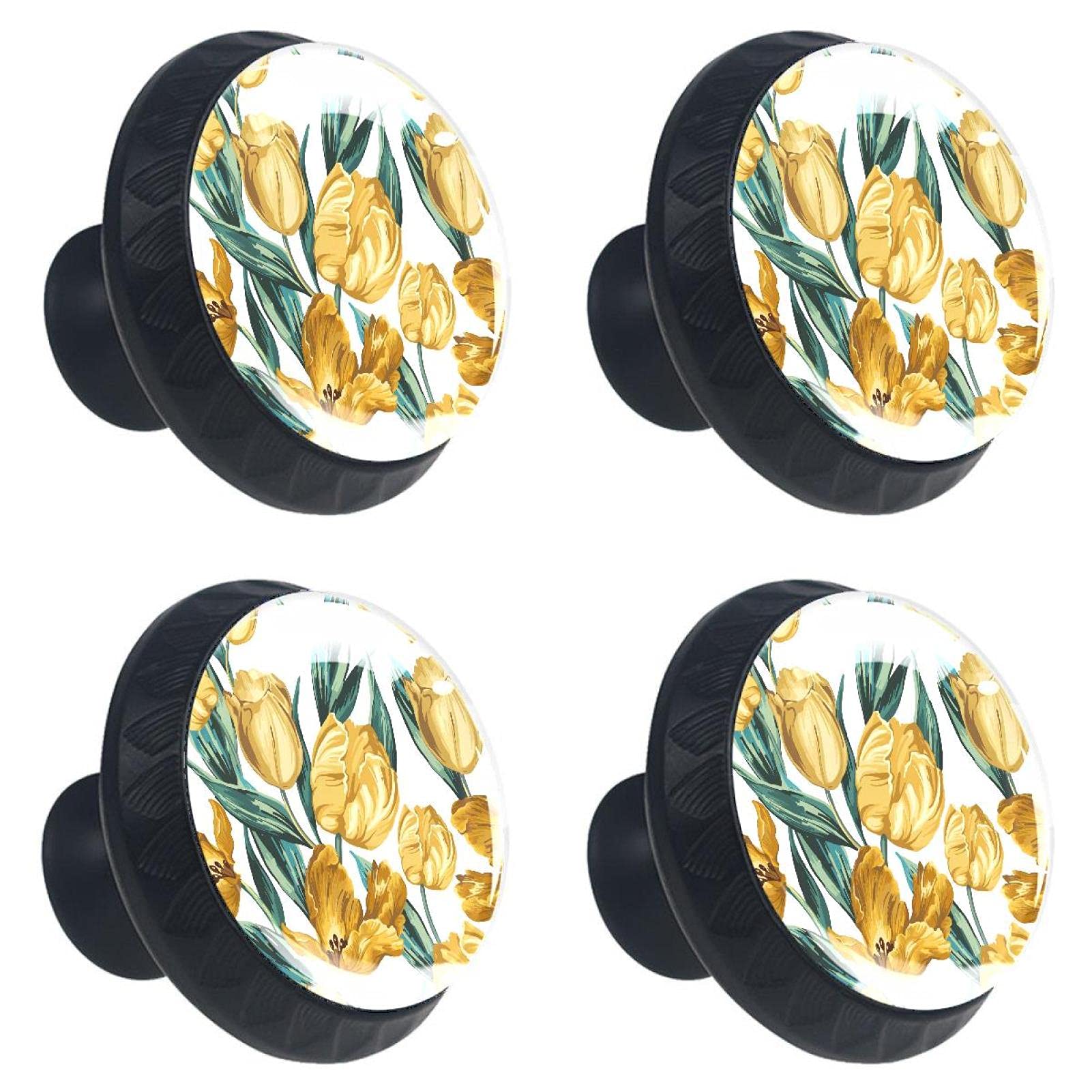 Boutons de tiroir en cristal 30mm tulipe jaune pour commode x4